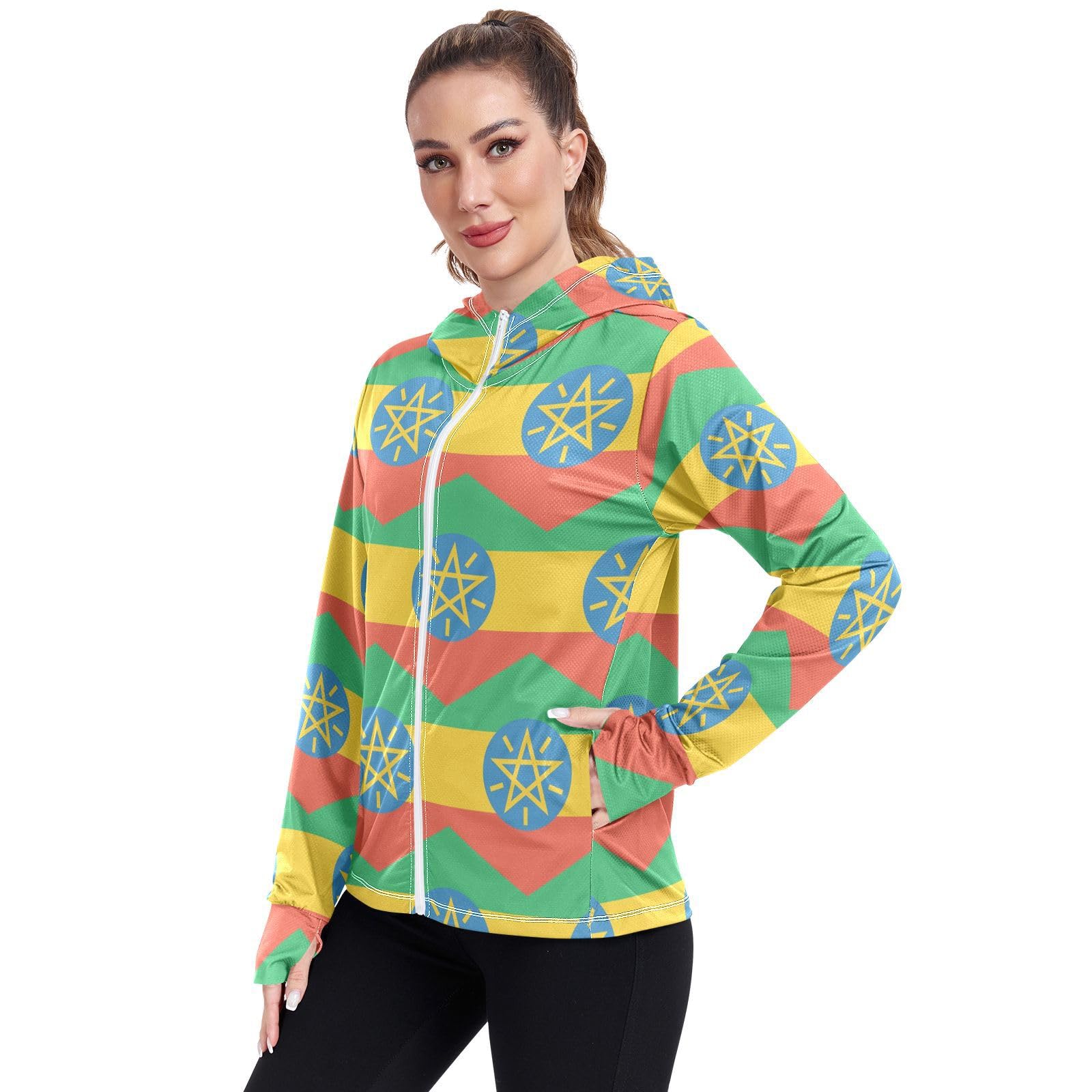 Vnurnrn Ethiopia Flag Women's UPF 50+ Sun Protection Hoodie Jacket Lightweight Long Sleeve Sun Shirt with Pocket