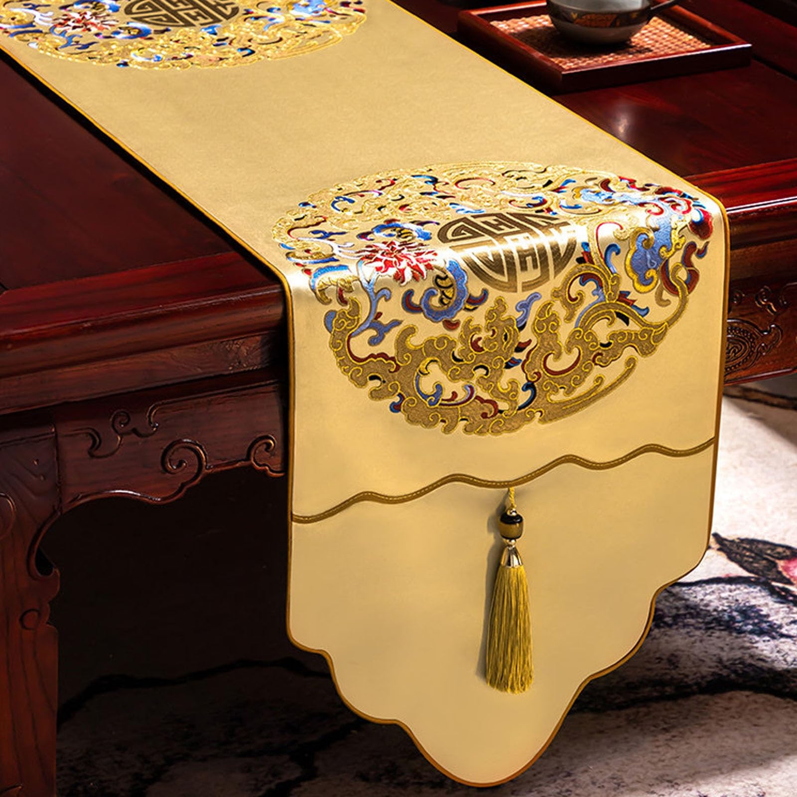 Vintage Chinese Satin Table Runner, Embroidered Fu with Tassels, Rustic Home Decor Scarf for Dining Table Tea Cabinet Dresser(Champagne,220cm/86.6in)