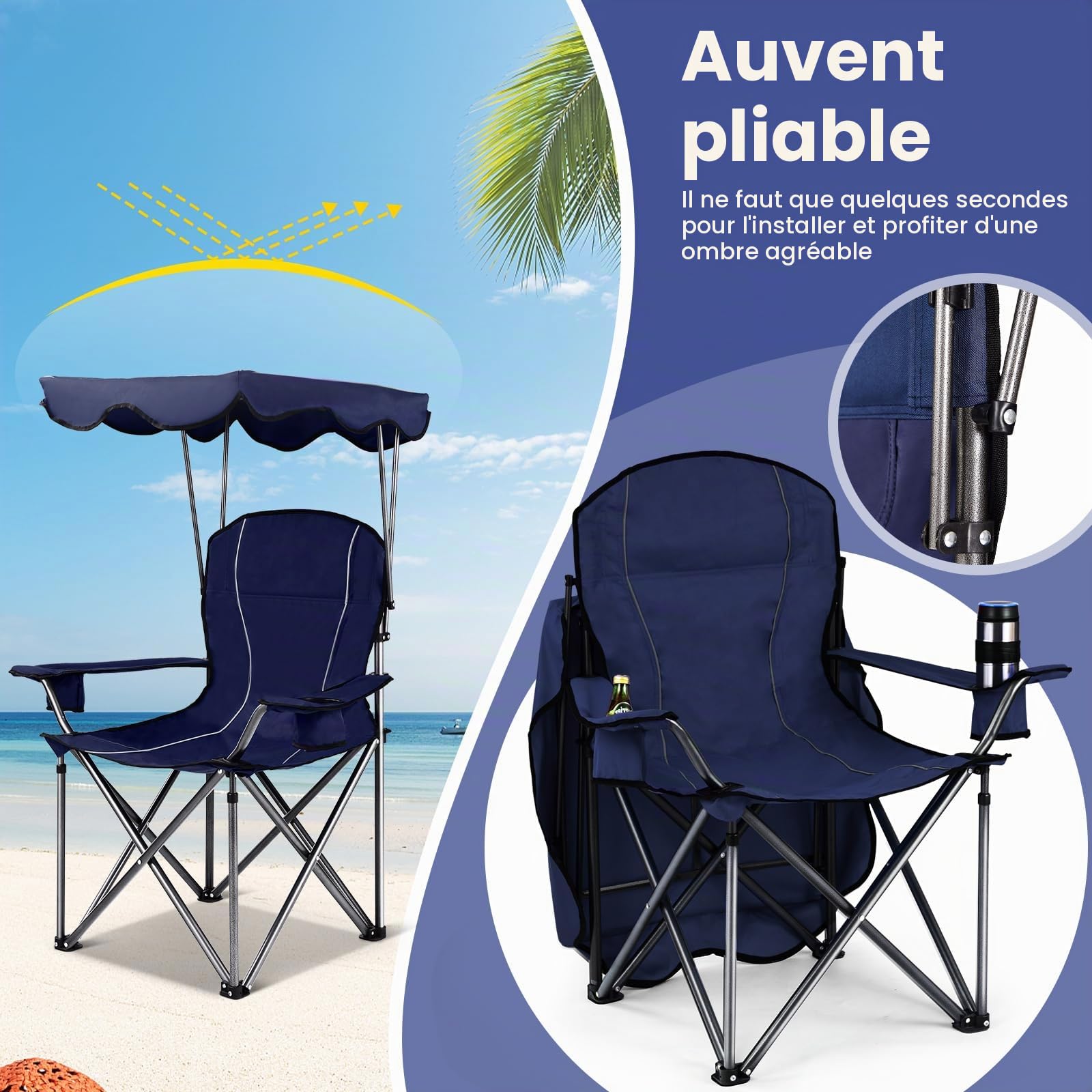 RELAX4LIFE Chaise de Camping Pliante avec Toit Parasol,Porte-Boisson, Chaise de Pêche en Cadre Métallique Charge Max 120 kg pour Camping Pêche Excursion Plage (Bleu)