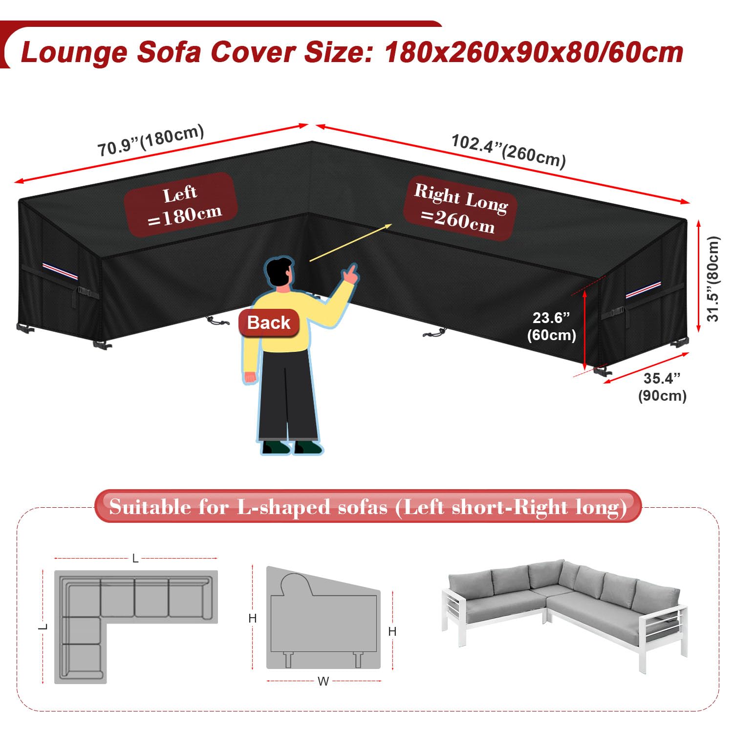 LAMUNI Funda de Sofa Exterior en L Funda para Sofa de Esquina, 420D Oxford Funda Muebles Jardín en Forma L Funda sofa Esquinero Jardin Impermeable Cubierta de Sofá de Exterior, 180x260x90x80/60cm