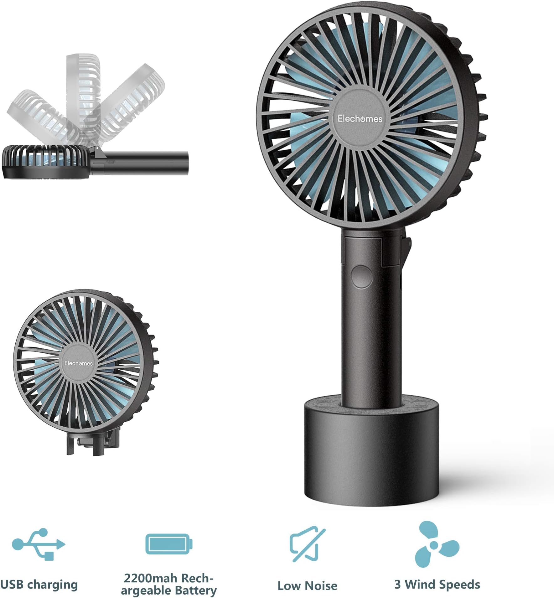 Elechomes Handheld Electric Fans Mini Portable Outdoor Fan with Rechargeable Battery, Mini Size Foldable Handle Desktop Fan for Home Office Outdoor Travel (3 Speeds),1 Pack