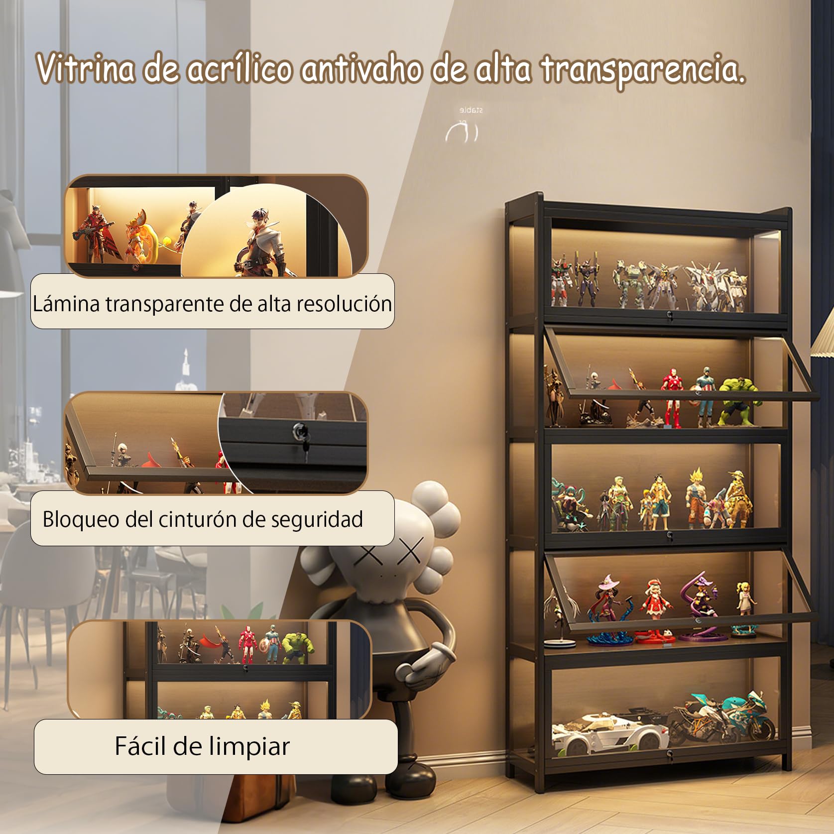 Vitrina Expositora para Colecciones, Acrylic Vitrinas para Colecciones, libreria con Puertas, vitrinas+expositoras+Marco Bambu, estanteria Figuras Coleccion.
