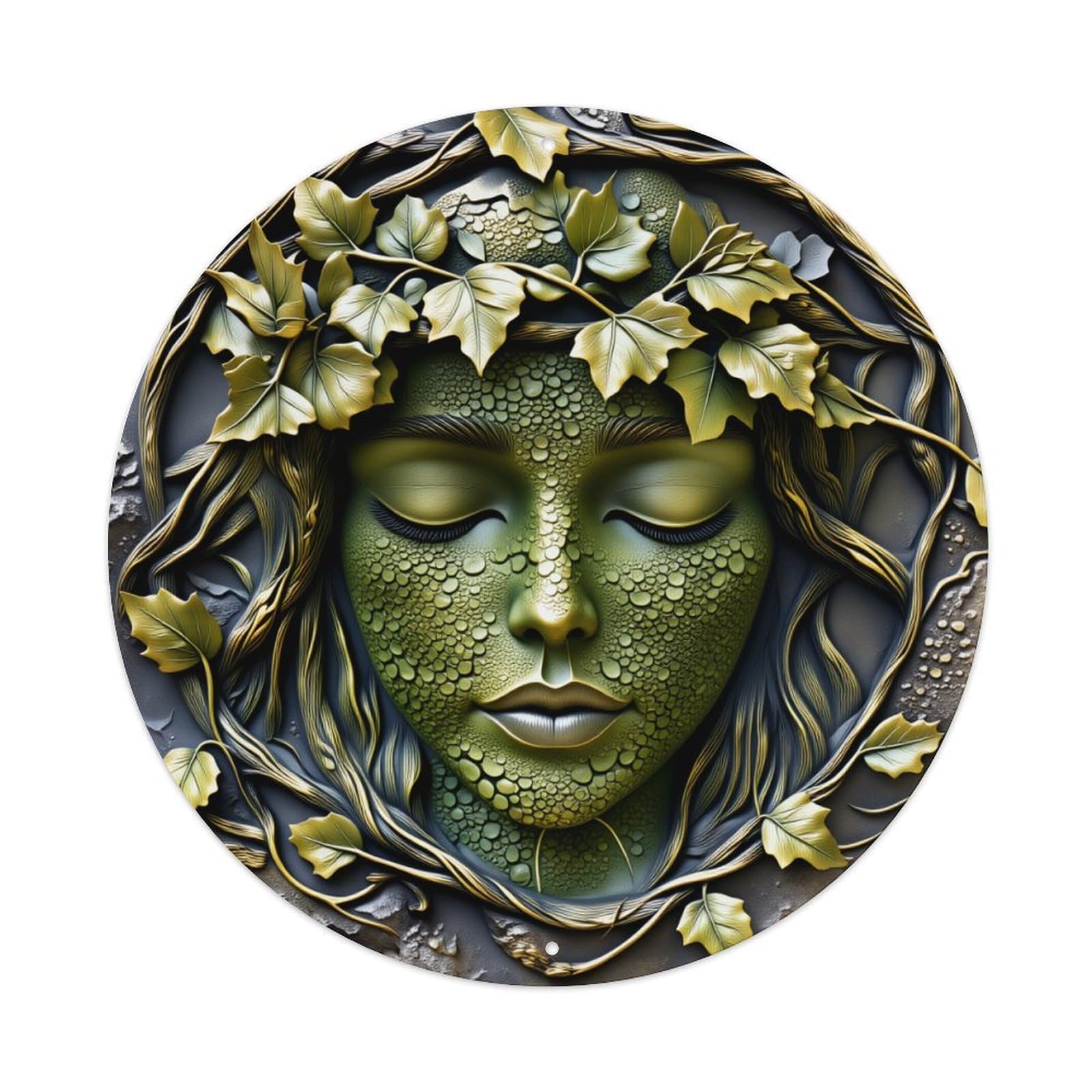Jdyaojiesheng Vintage Green Face With Leaves And Vines Round Tin Sign Retro Metal Wall Decor Metal Poster, Home Bar Garage Farmhouse Cafe Wall Art Decoration 8X8inches