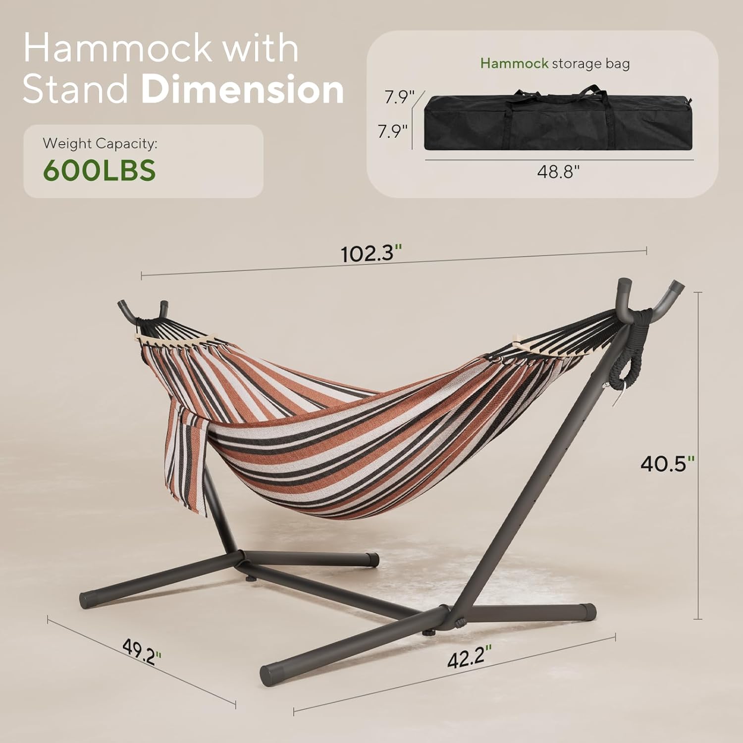 600lbs Hammock with Stand for Outside, 2 Person Portable Hammock with Side Storage, Carrying Bag, Expend Wooden Bar for Outdoor or Indoor (Brown Black)
