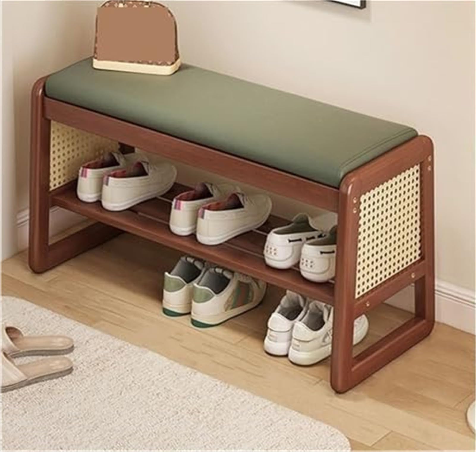 Rangement à chaussures 2 niveaux vert avec banc moderne en bois et coussin cuir pour l'entrée