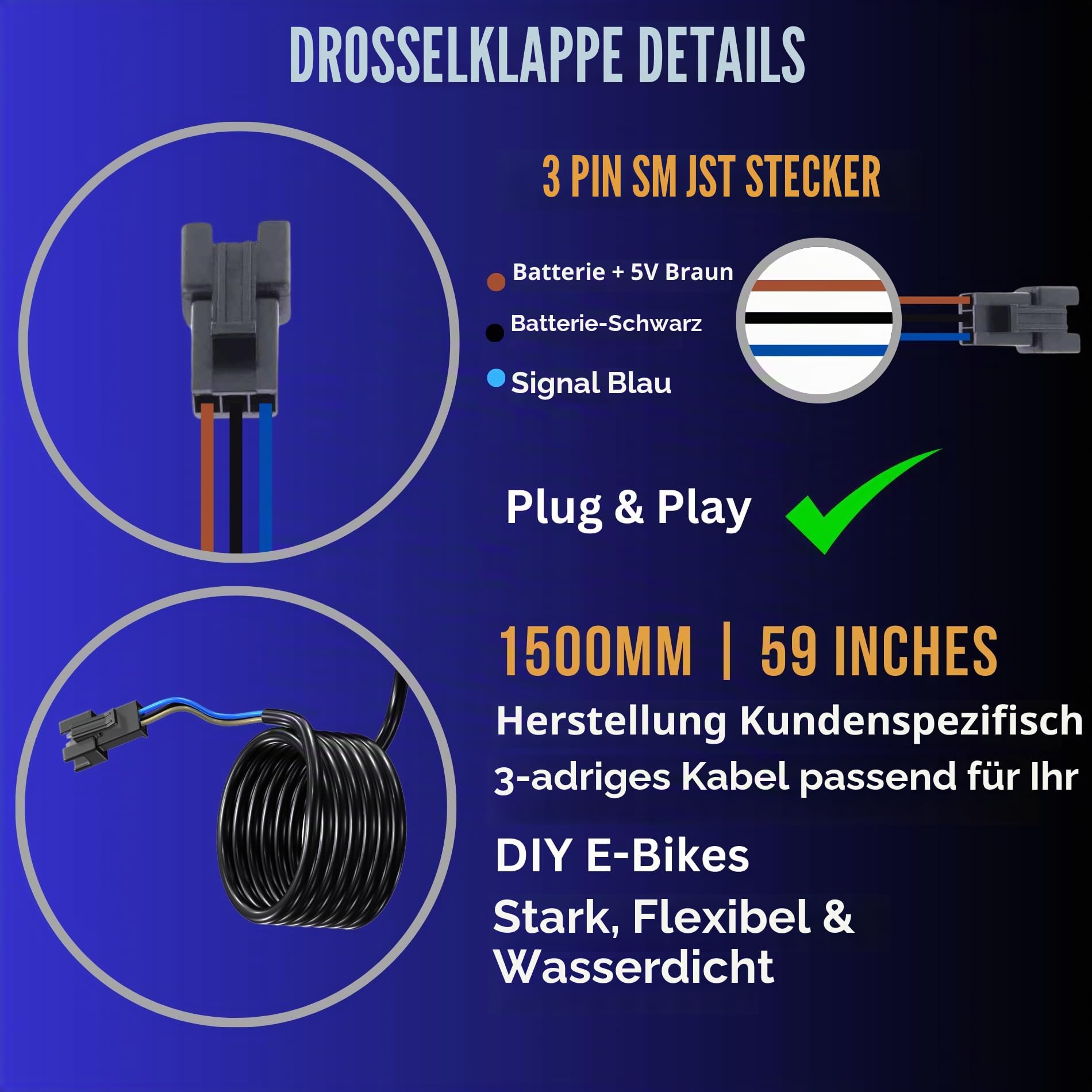 E-Bike Full Twist Throttle Gasgriff Gaszug, schwarze Griffe, Waffelgriff, passend für 3-polige SM-JST-Stecker, DIY EBike Surron, Motocross 12 V, 24 V, 36 V, 48 V, 52 V, 60 V, 72 V