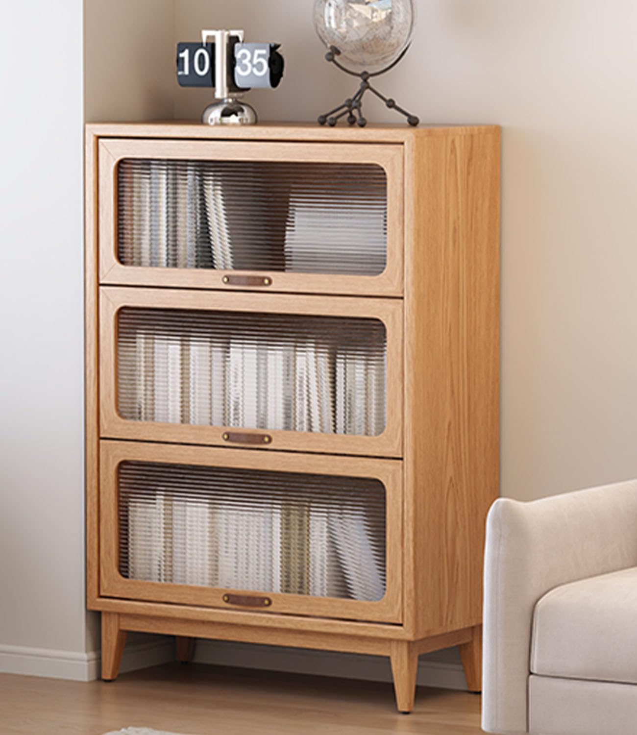 AnywaysWood 46" H Solid Wood Bookcase,3tire Tall Black Book case with Doors,Modern Bookshelf with Door for Kitchen (Natural Wood, 46'H*31.5'W*15'D)