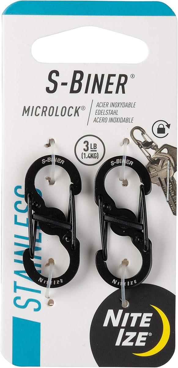 Nite Ize S-Biner MicroLock Stainless Steel - S-Biner with Locking Dual Sided Gates - Keep Keys Secure with Carabiner Key Holder - Black (2 Pack)