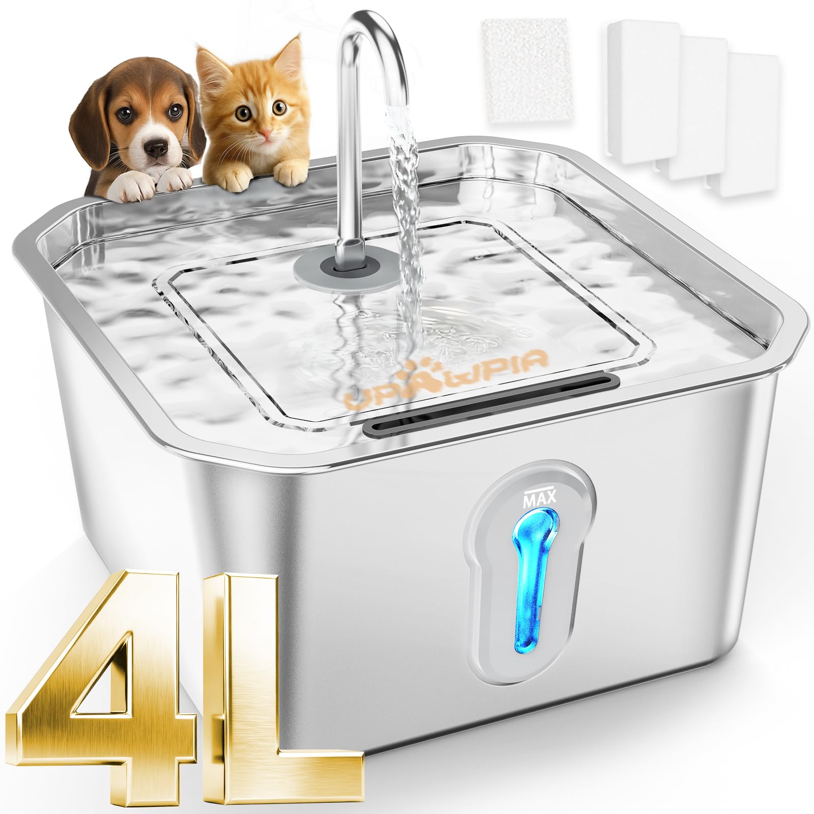 4L Large Capacity Cat Water Fountain Stainless Steel with 3 Filters Pet Water Fountain for Drinking Watering Supplies Pets Dog Small Animal Automatic Cat Water Dispenser for Cats Quiet Indoor