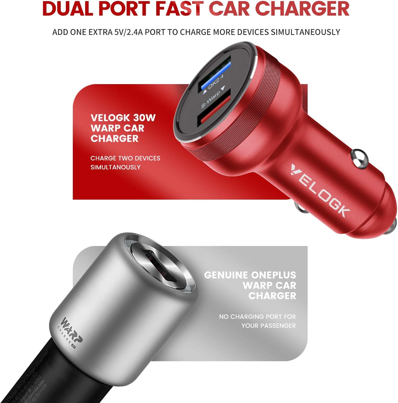 Flаѕh Dеаlѕ - 80% оƒƒ VELOGK Warp Car Charger 30W [5V/6A] for Oneplus 9/9 Pro/8/8 Pro/7 Pro/7T/7T Pro, Backward Compatible with Fast Dash Car Charger Adapter for Oneplus 7/6T/6/5T/5/3T/3(with 3.3FT Warp Charge Cable) - Red