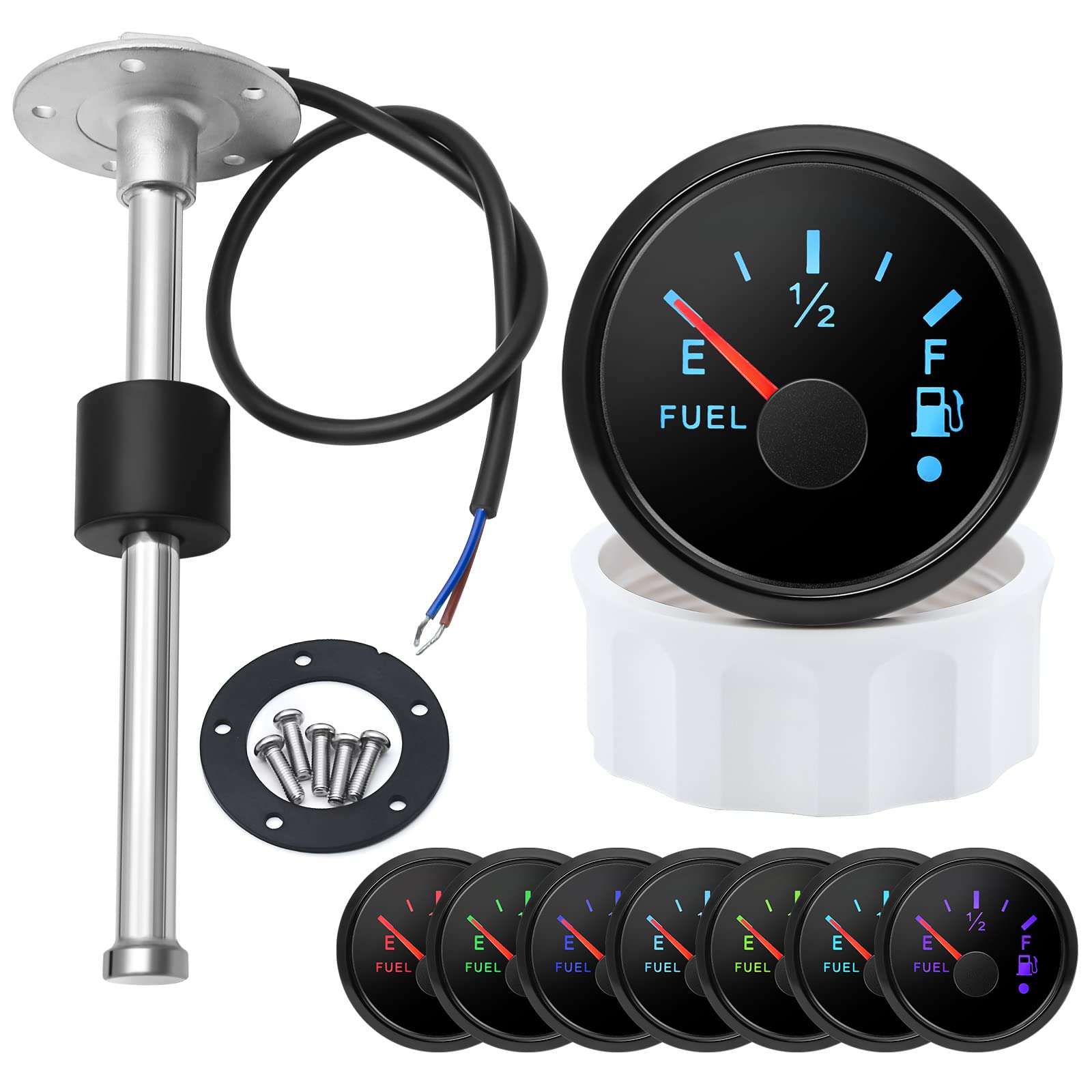 52mm Marine Fuel Level Tank Gauge Kit with 400mm Fuel Water Level Sensor, 0-190 Ohm, 7-Color LED Backlight, 12V/24V for Boat, Sailboat, RV, Car, Camper
