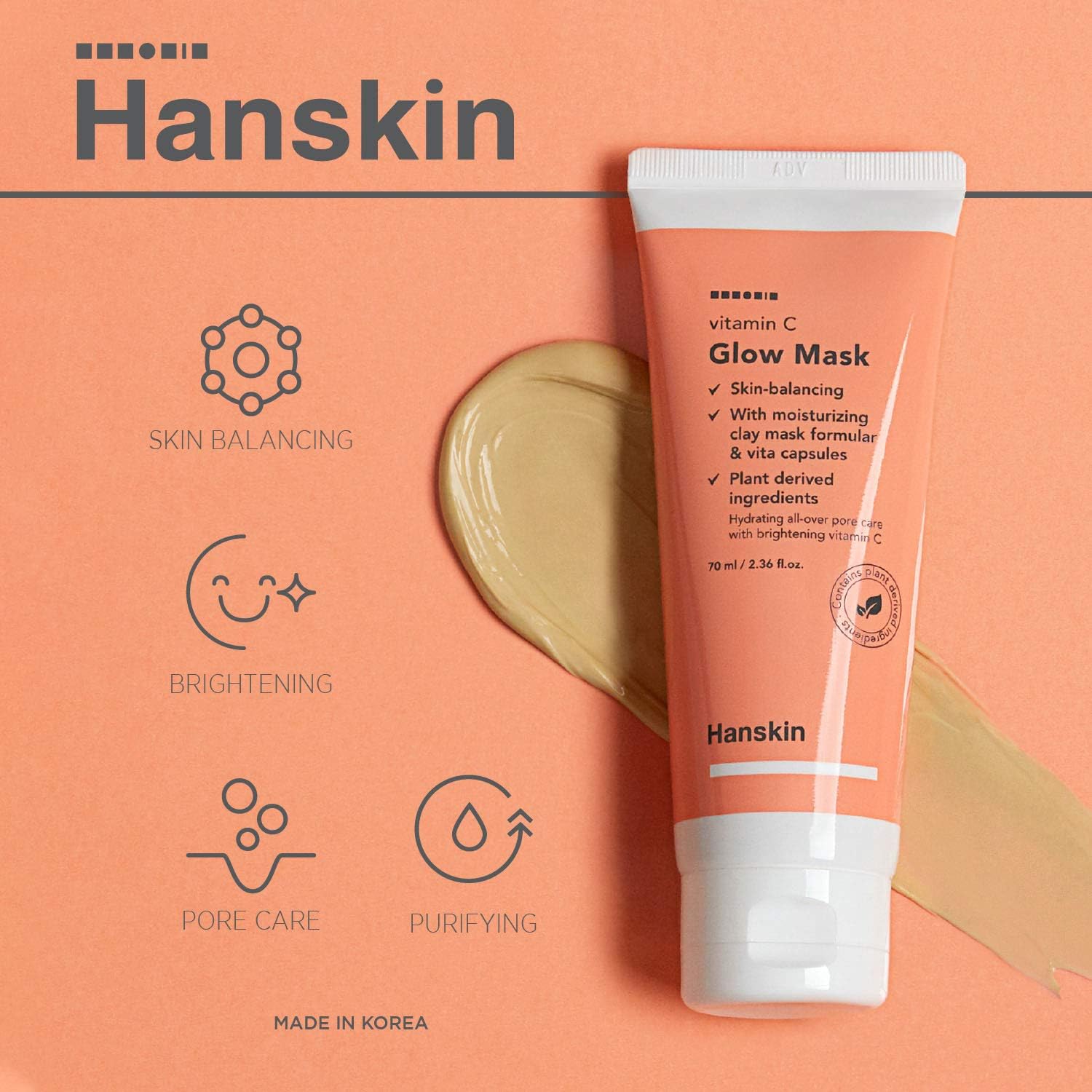 Hanskin Vitamin C Glow Mask – Korean Clay Mask for Glowing, Balanced Skin | Radiance-Boosting, Hydrating & Pore-Purifying Wash-Off Facial Mask with Ascorbic Acid & Kaolin | K-Beauty | 2.36 fl oz - Image 3