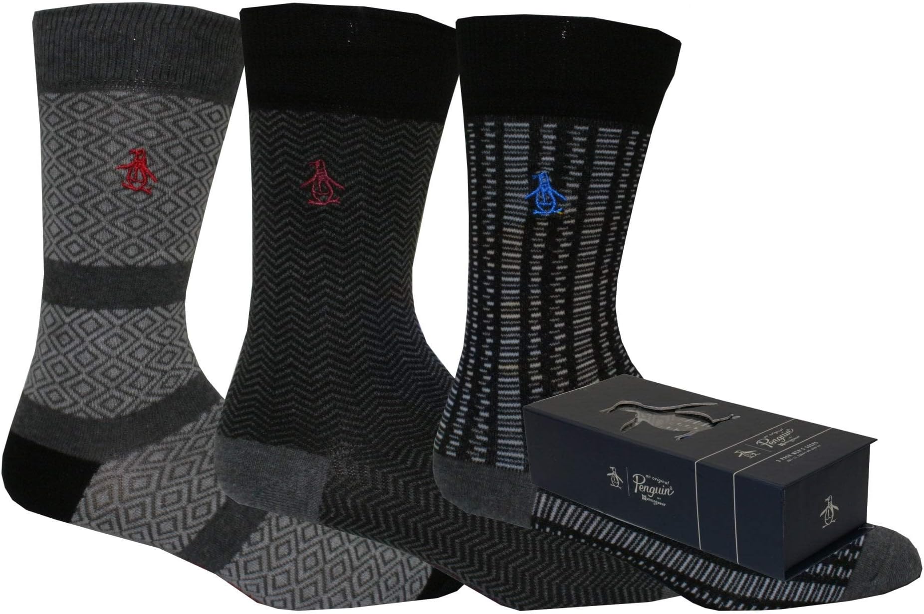 Original Penguin 3-Pack Herringbone/Geo/Stripes Men's Socks Gift Box, Grey Combination
