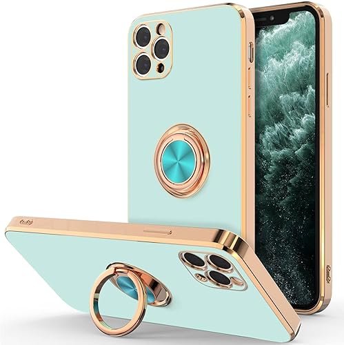 Hython Funda para iPhone 11 Pro Max con soporte de anillo, chapado en oro rosa, soporte de anillo giratorio de 360, cubierta magnética con función
