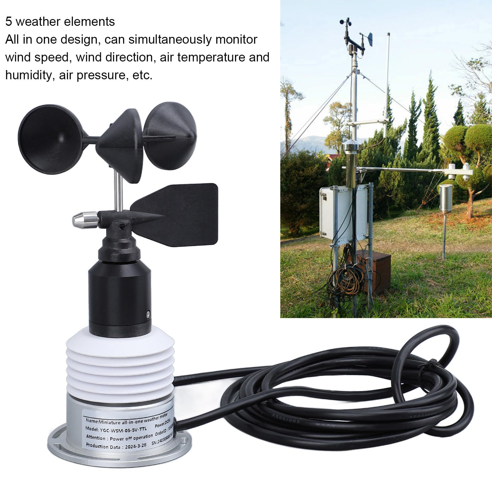 Medidor Meteorológico 5 en 1 Estación Meteorológica Compacta para Agricultura Silvicultura y Medición Ambiental con Sensor de Viento Direccional