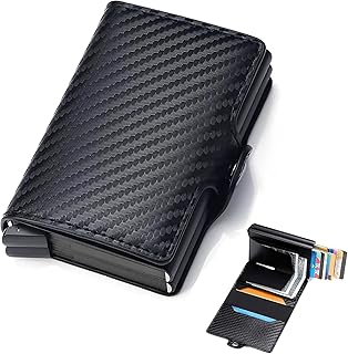 Men's Wallet, Card Holder with Double Layer Slots, Aluminum Wallet with RFID Blocking Pop Up for Cash, Coins and Up to 12 Credit Cards (Carbon Fiber)