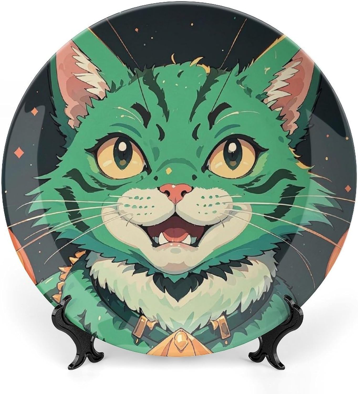 Bone China Decorative Plate with Display 6.1 Inch Stand Ceramic Decor Plate Anime Green Cat Ceramic Ornament Plates Ceramic Dinner Plate Crafts Decorative Plates for Home Club