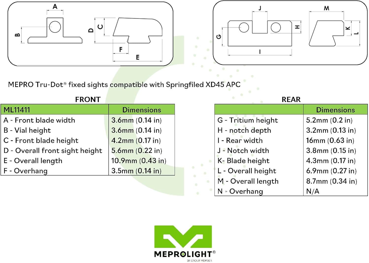 Meprolight Springfield Tru-Dot Night Sight for XD .45 ACP. Fixed set (4" & 5" barrels)