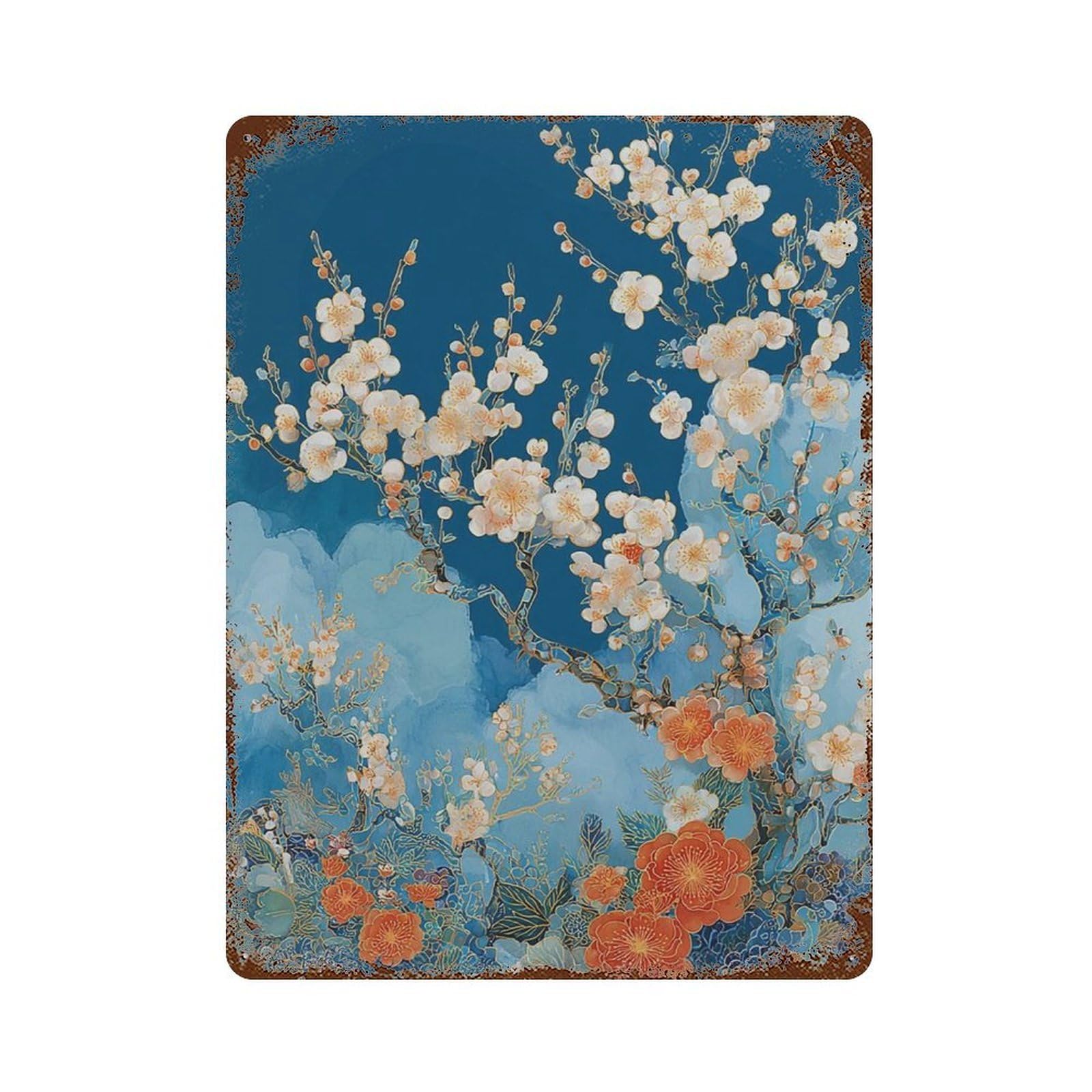 xiaoxiaoshen Peach Blossom Blue Floral Japanese Style Botanical Wall Decor Art Metal Tin Poster Modern Home Decor Art Home Bar Shop Decorations Vintage Sign 40x30cm