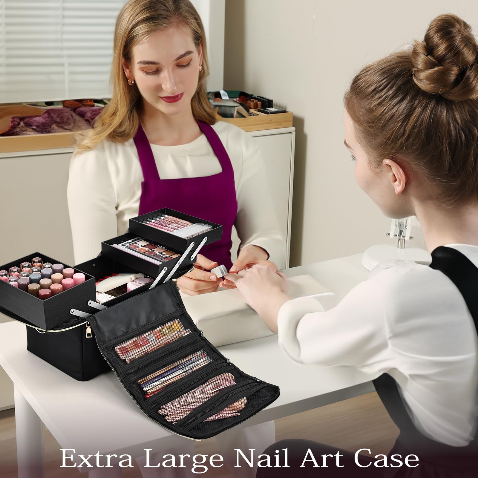Joligrace Make-up-Tasche Kosmetiktasche Kosmetikkoffer Nagellack Organizer mit Schultergurt, Schwarz , Extra Large