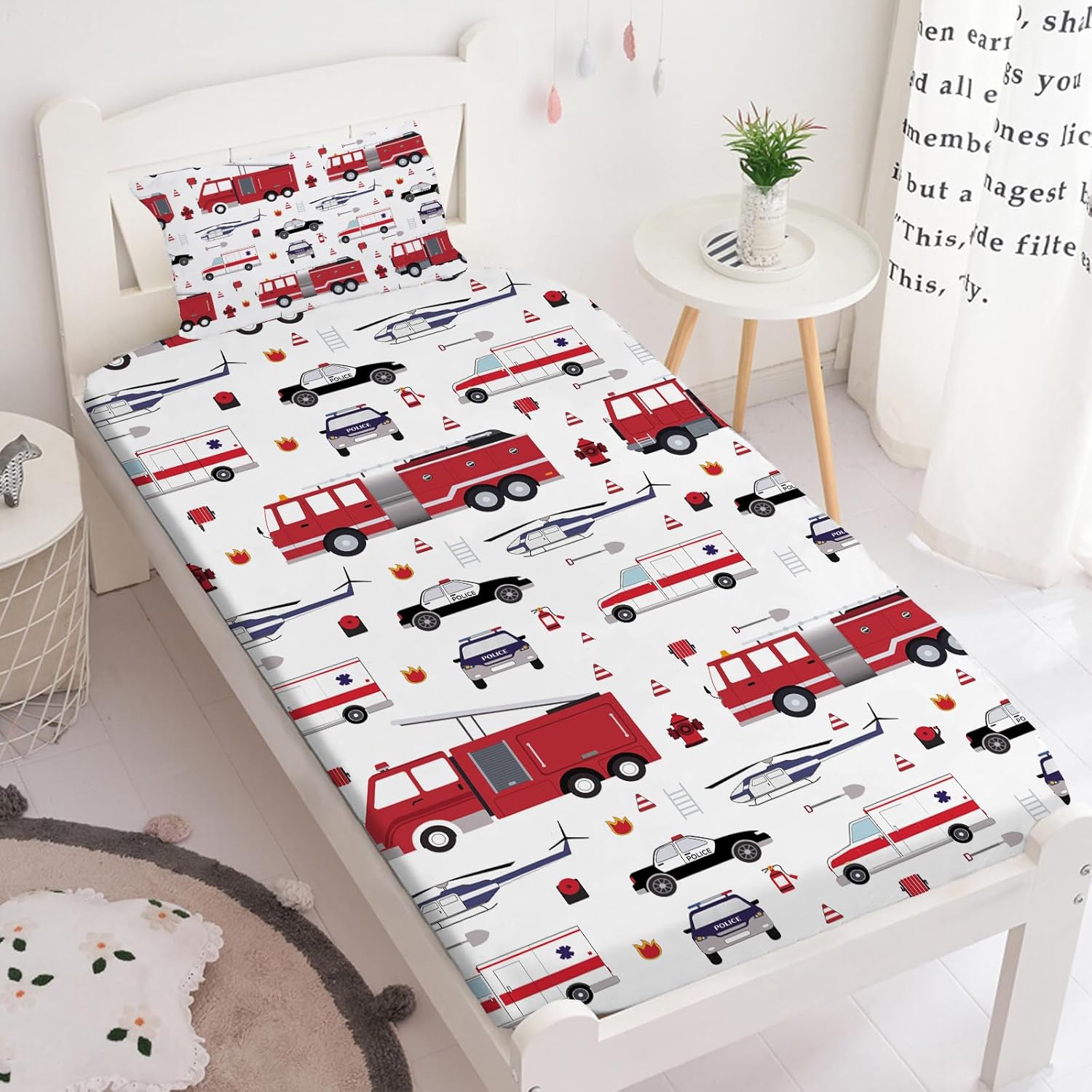 Yasida Twin Size Sheets Fire Truck Bedding for Kids Fitted Sheet and Pillowcase, Police Car Firemen Car Vehicle Helicopter Fitted Sheets for Boys and Girls Twin Size 1*Fitted Sheet and 1*Pillowcases
