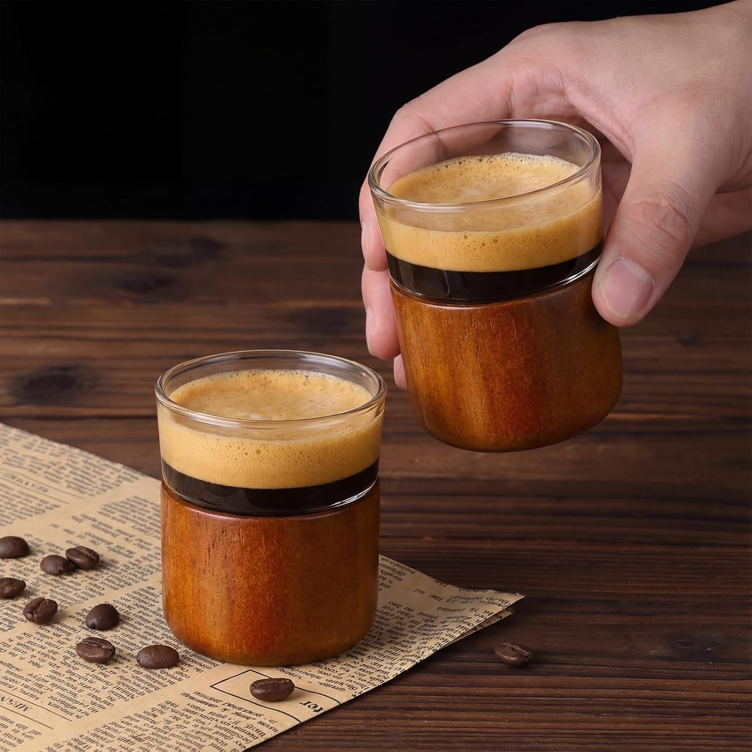 Espresso Shot Cups Set of 2, 2.8oz Wood Drink Cups, Shot Glasses, Milk Cup with Handle, Clear Glass, Espresso Accessories for Machine, Small