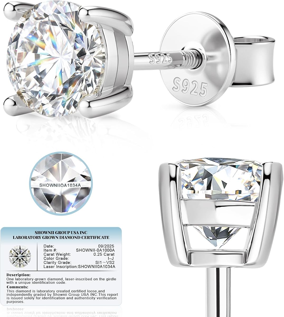SHOWNII LAB GROWN Diamond Stud Earrings for Women Men 0.5CT 1CT Screw Back | Certified Lab Grown Diamonds, I-J Colo SI1-VS2, 14K Gold Plated Hypoallergenic Sterling Silver, 4-Prong Unisex