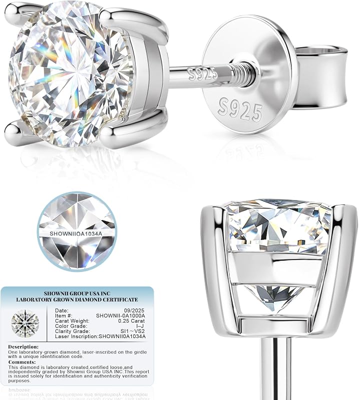 SHOWNII LAB GROWN Diamond Stud Earrings for Women Men 0.5CT 1CT Screw Back | Certified Lab Grown Diamonds, I-J Colo SI1-VS2, 14K Gold Plated Hypoallergenic Sterling Silver, 4-Prong Unisex
