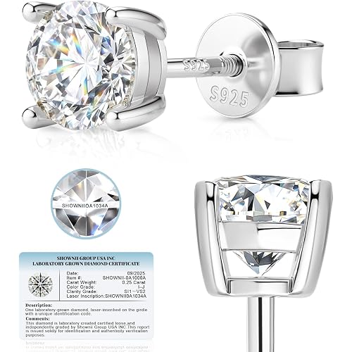 SHOWNII Diamond Earrings for Women Certified LAB GROWN Studs Earring 0.5CT 1CT 14K Gold Plated S925 Sterling Silver 4-Prong Screw Back Round Cut (I-J Color, S1-VS2 Clarity).