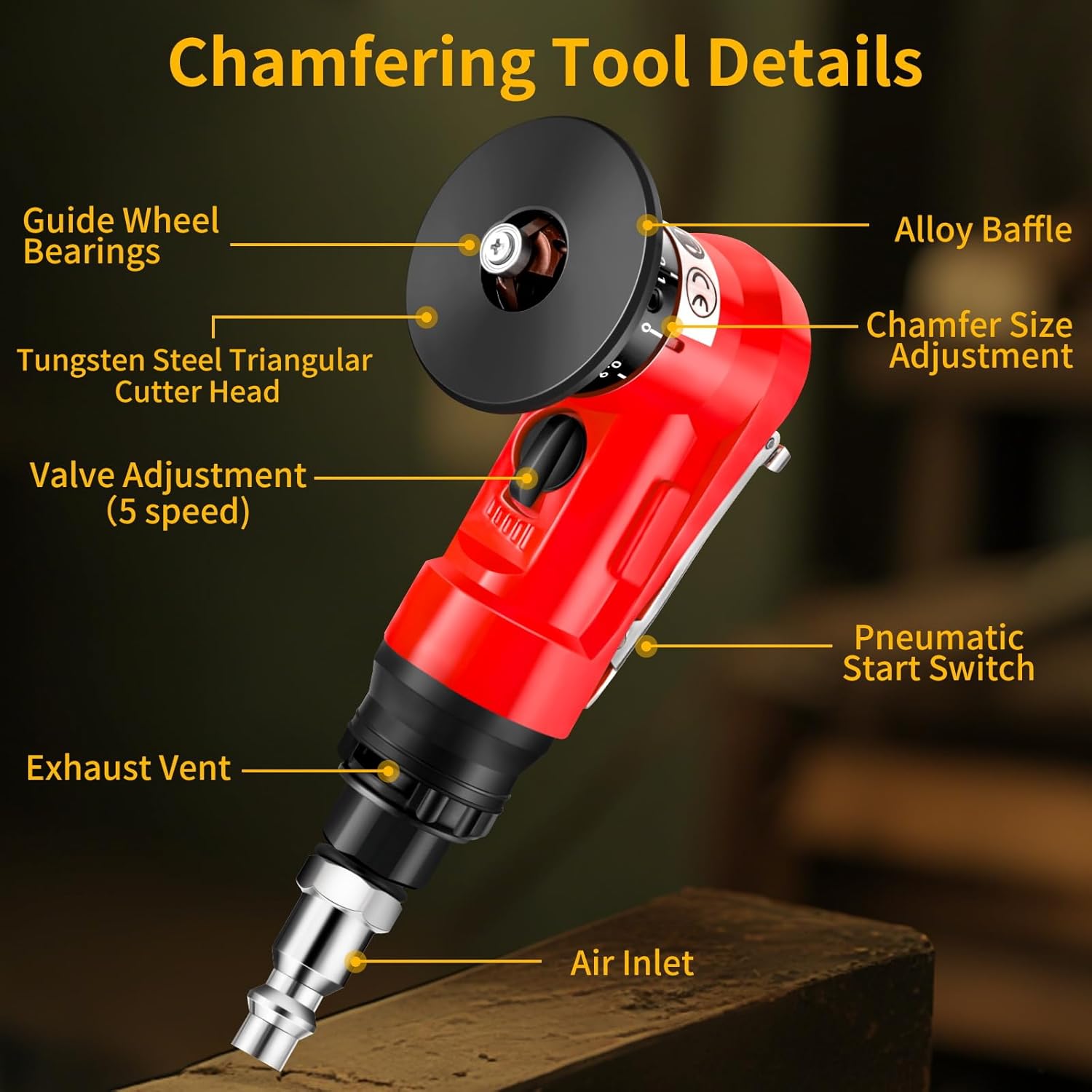 Pneumatic Chamfering Tool, 30000 RPM Air Chamfer Tool with 6 Bearings & Complete Screw Kit for Deburring & Beveling, Includes 8 C & 6 R Blades, 45°, 1/4" Air Inlet for Metal, Wood, PVC, Acrylic