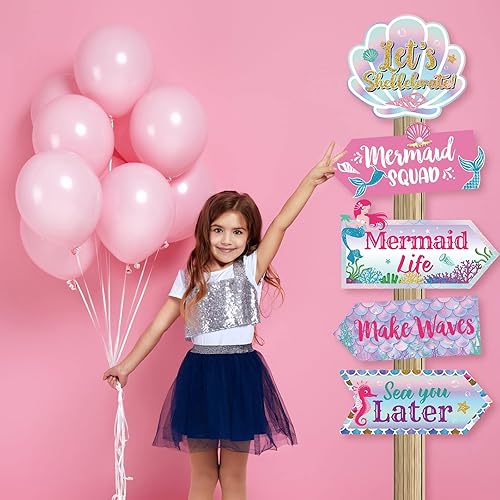 Miniatura 7 de Chinco 20 piezas de decoración de fiesta de cumpleaños de sirena, letrero de fiesta con temática de sirena, decoración de cumpleaños con temática de
