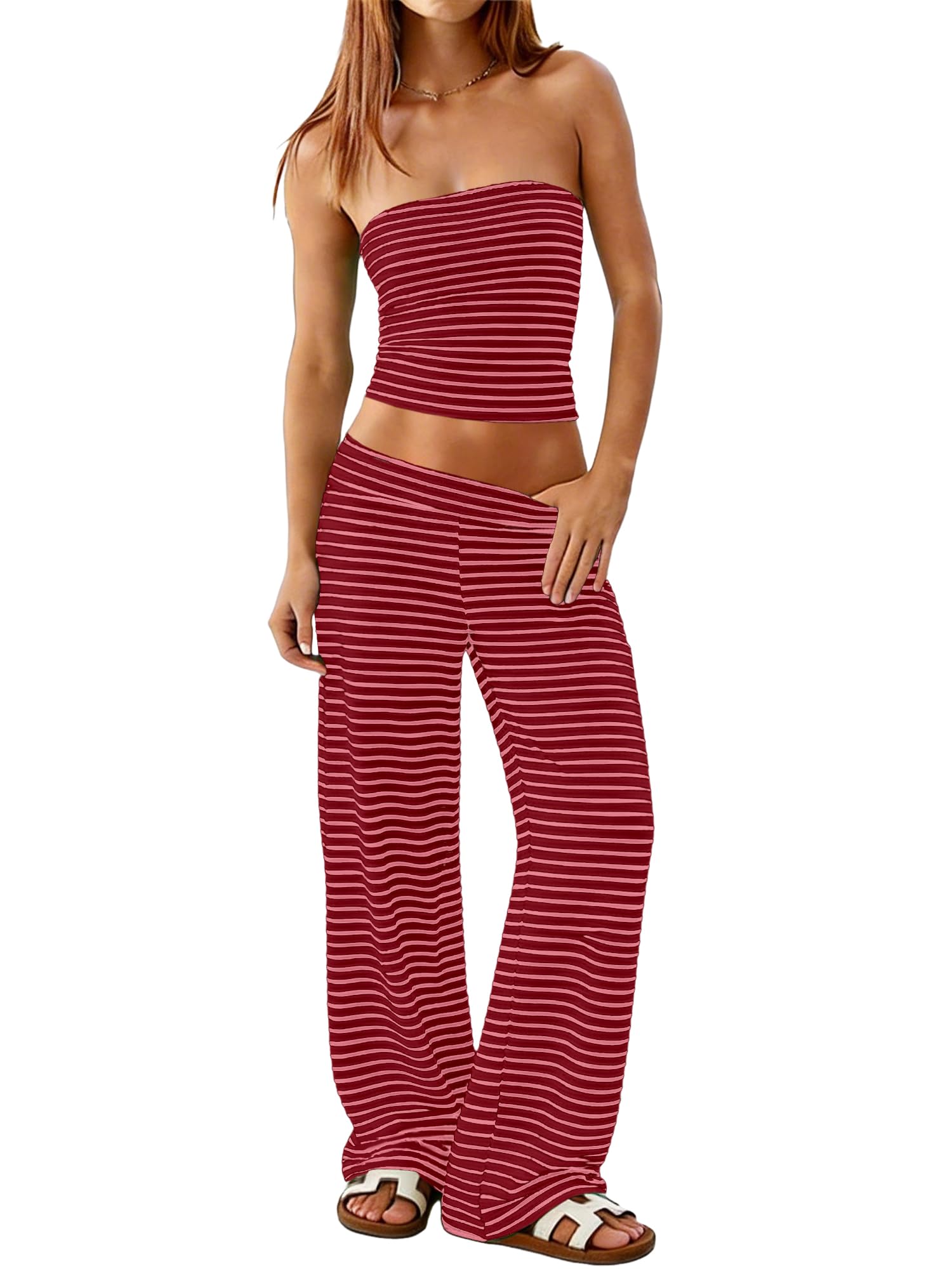 Women Striped Two Piece Set Tube Top Wide Leg Pants Summer Casual Matching Lounge Set Beach Vacation Travel Burgundy Pink S-image-26