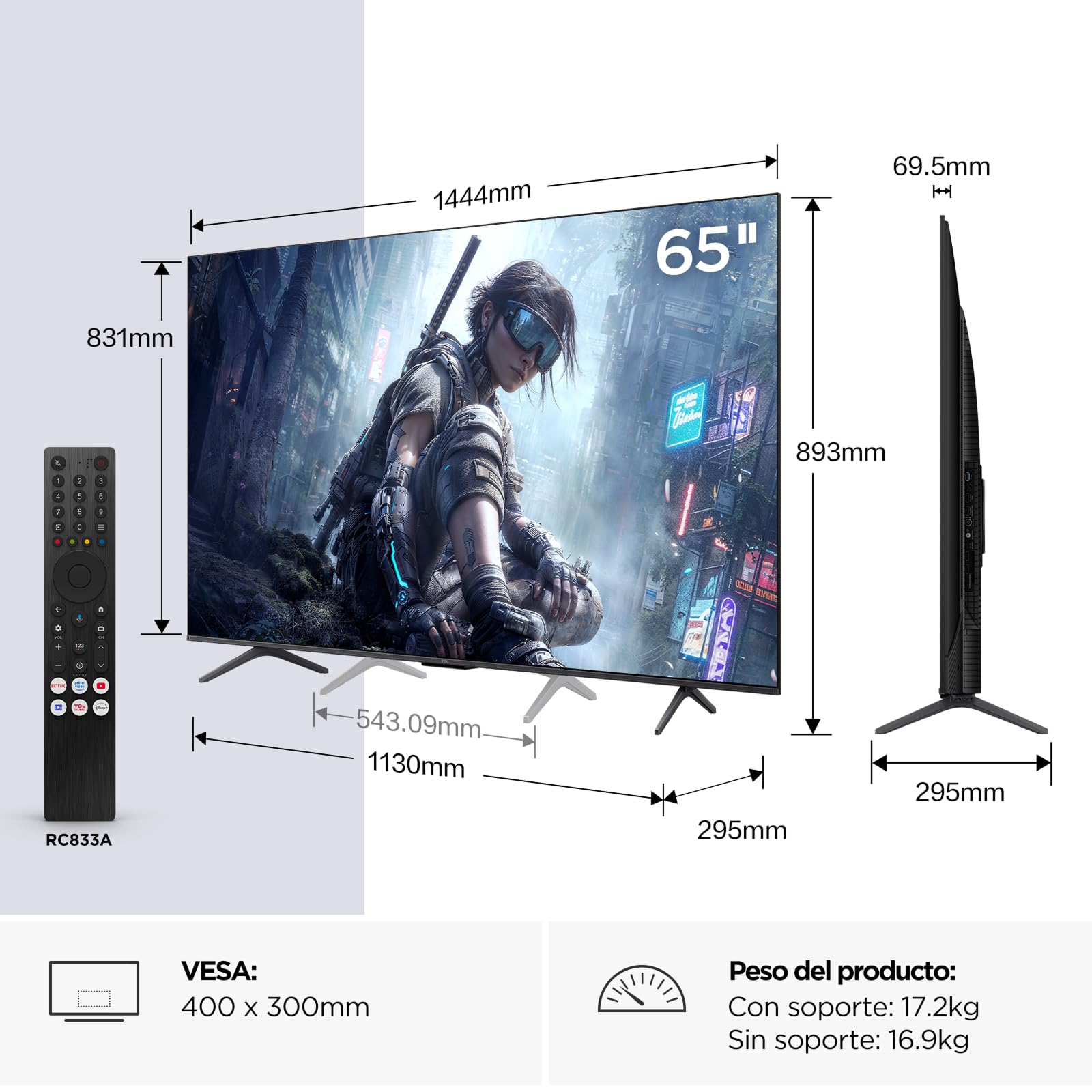 TCL 65T8D Televisor 65 Pulgadas QD-Mini LED 4K Smart TV, Gaming TV, 144Hz Game Accelerator 288Hz FHD, FreeSync Premium, Dolby Vision & Atmos, HDR10+, Onkyo 2.1, Google TV, Game Master