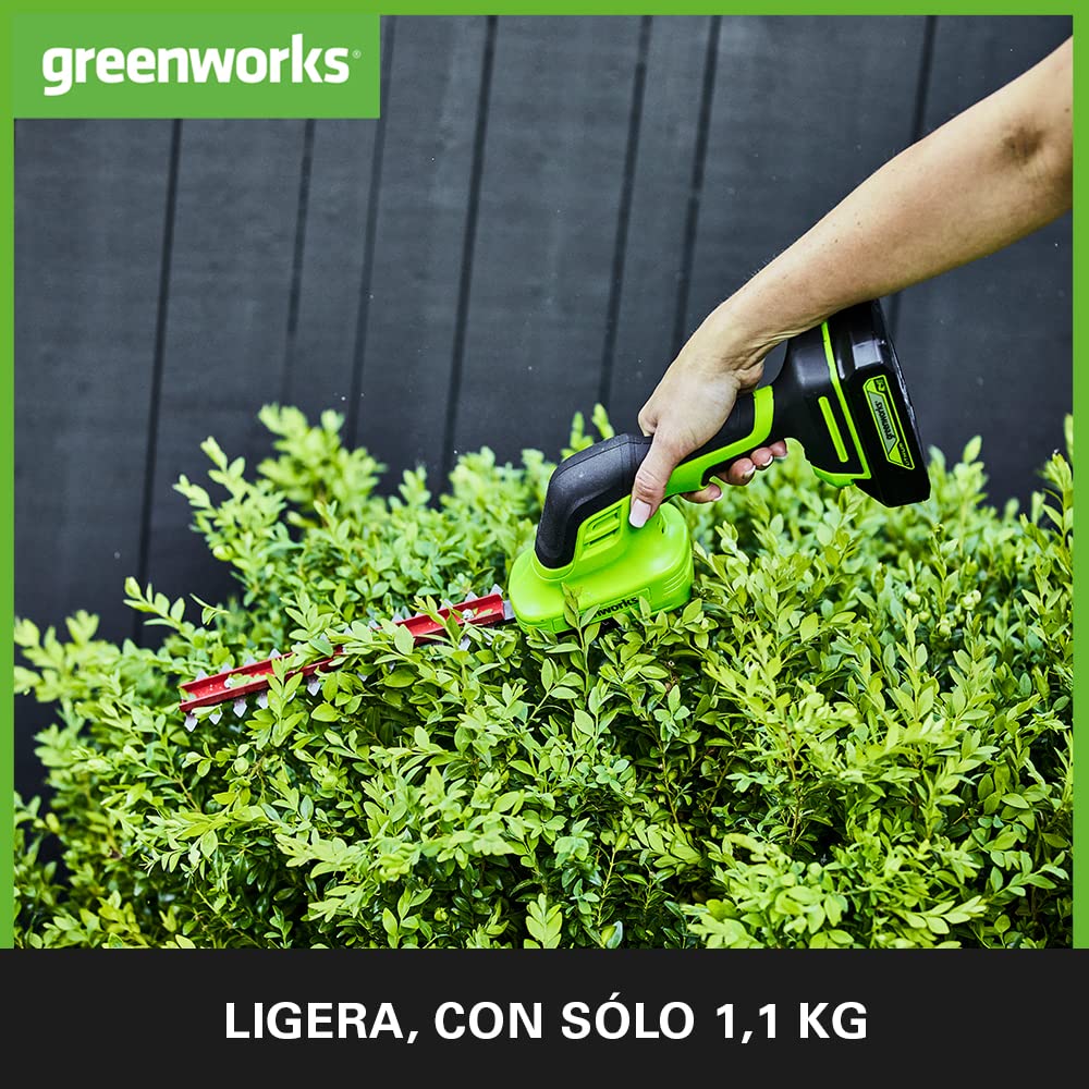 Greenworks G24SHTK2 2/1 Cortasetos con Batería 24 V y cargador - Cuchillas para Setos 20 cm que corta Tallos y Ramas de hasta 8 mm, 2800 spm - Cuchilla para hierba 15 cm con 3 Años de Garantía
