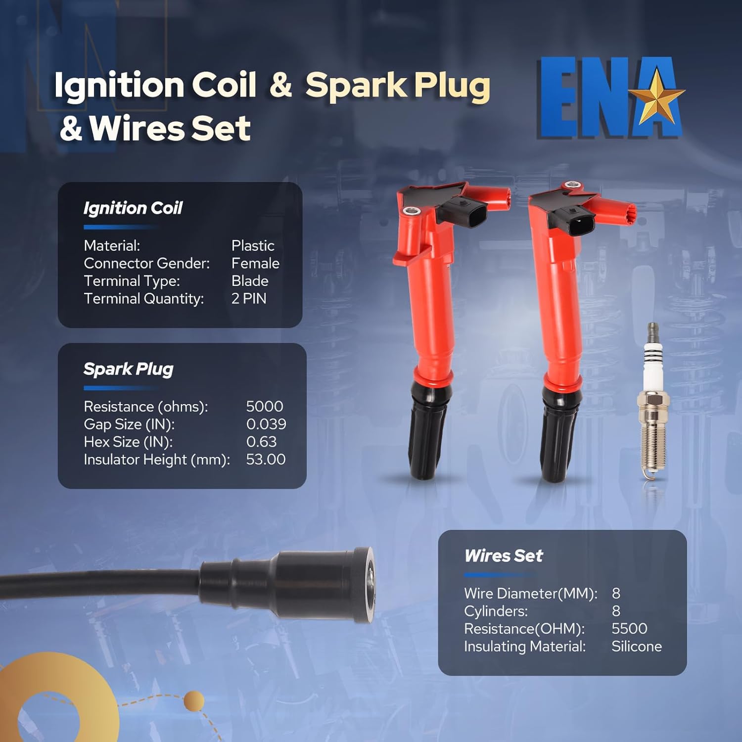 ENA Set of 8 Red Ignition Coil with 16 Platinum Spark Plug Wire Set Compatible with Ford 2017 E-350 Super Duty 2010-2014 F-150 2011-2017 F-250 Super Duty 2011-2017 F-350 Super Duty 6.2L
