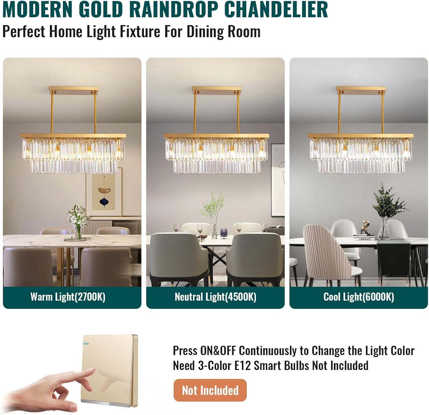 Siljoy Rectangular Gold Crystal Chandelier for Dining Room, 8-Light Modern K9 Crystal Raindrop Chandelier, Luxury Crystal Ceiling Light for Living Room Kitchen Island L31.5'' x W10'' x H10''