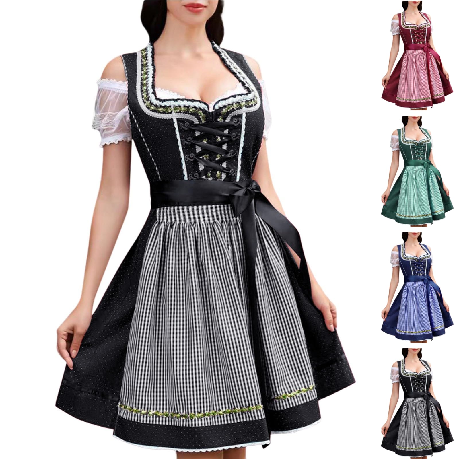 Generisch Women's Dirndl Carnival Oktoberfest Red White Stripes Smock with Apron Blouse Bow Comfortable Party Wear Festive Dress Sexy Carnival Costumes Multicoloured S-3XL, black, 3XL