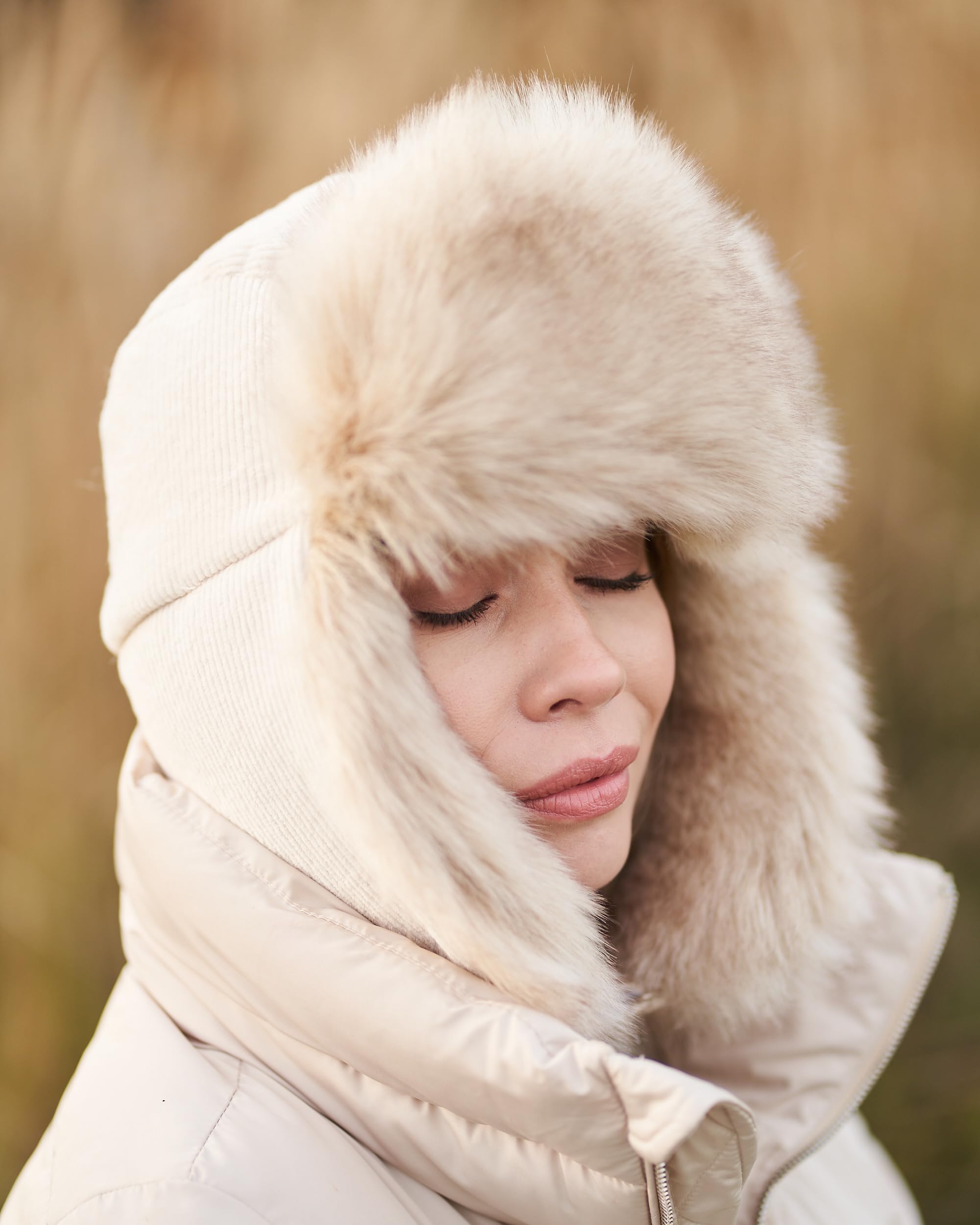 Futrzane Trappermütze aus Cord - Ushanka Damen - Winter Mütze mit Ohrenklappen