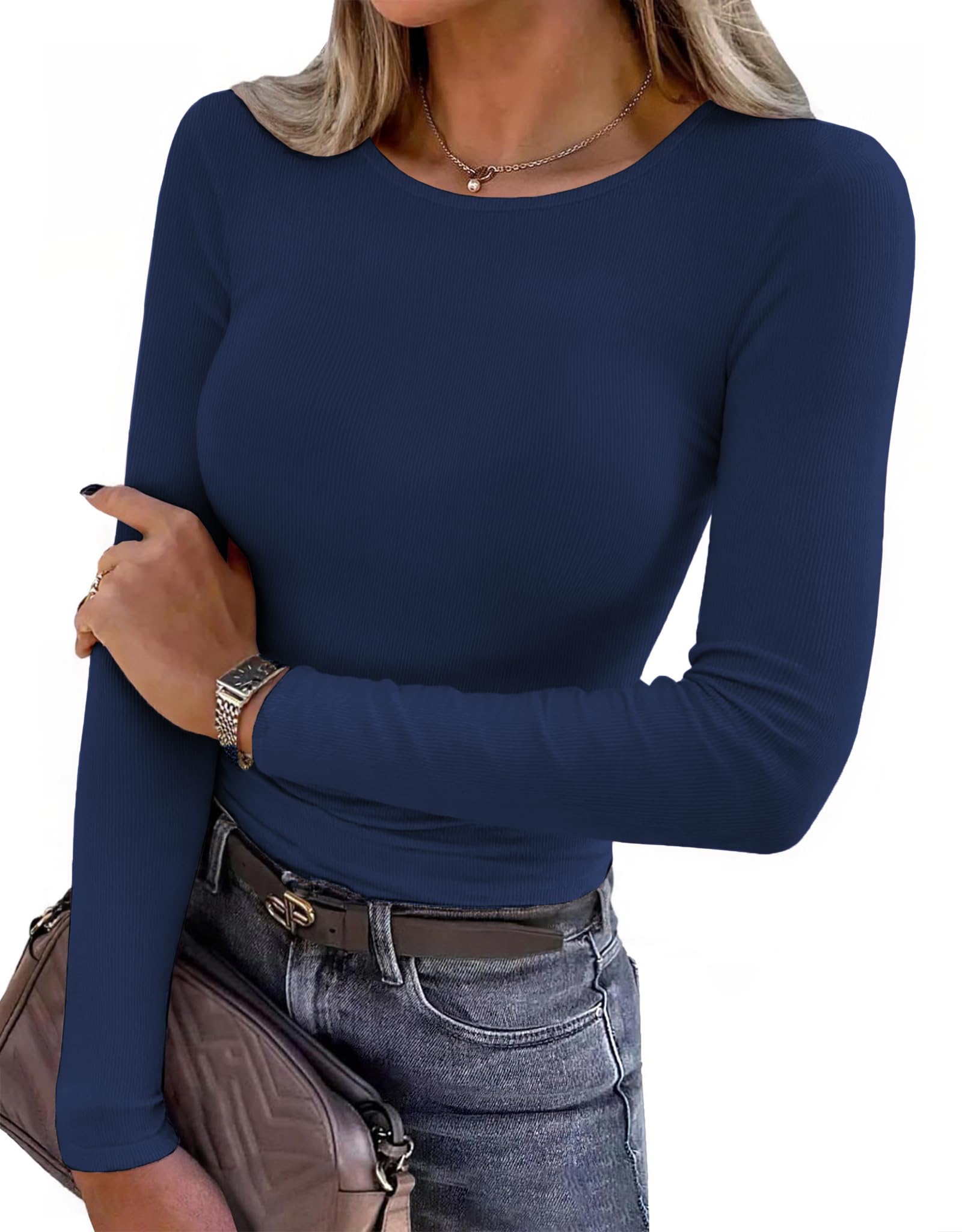 Aottori Damen Langarmshirt Rundhals Stretch Oberteile Gerippt Slim Fit Pullover Dünn Elegant Tee Shirts Langarm Casual Basic Tops Einfarbig