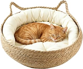 Woven Cat Basket, Portable Natural Washable - Basket Cat Bed with , for Indoor Bed Living Room Bedroom Office Sofa