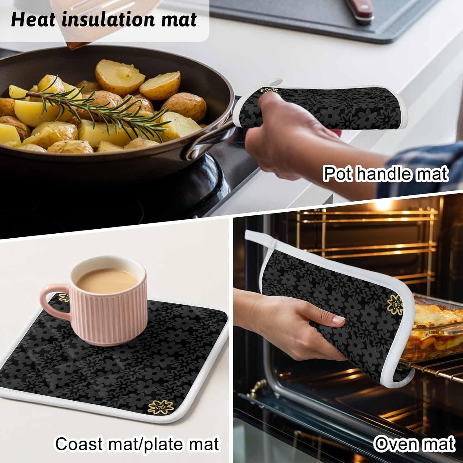 Black Golden Floral Pot Holders for Kitchen Heatproof Potholder, 5 Pack Modern Abstract Art Spring Flowers Hot Pads Multipurpose Oven Pads Cloth Potholders Trivet for Cooking Baking