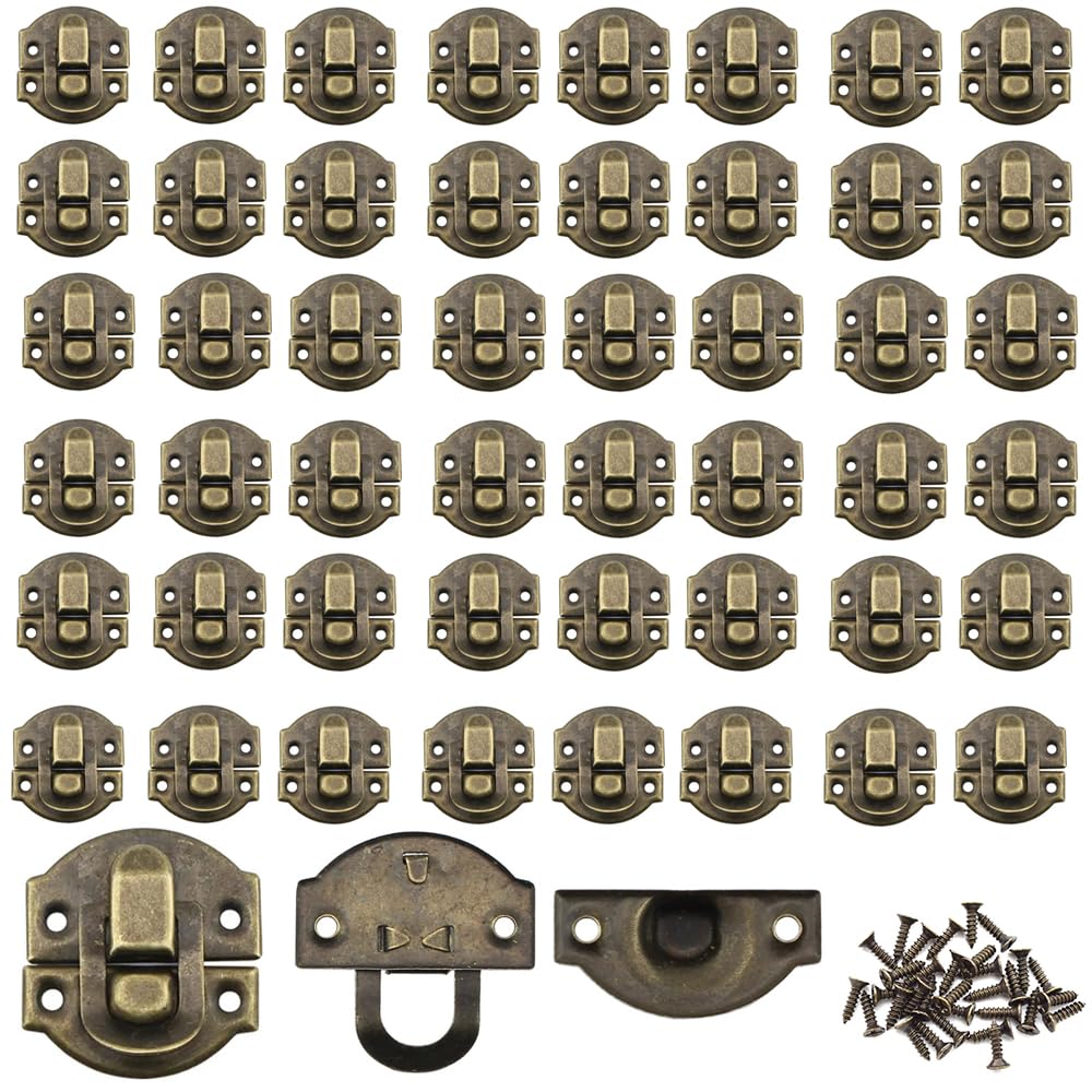 SKYPRO 50pcs Antique Brass Latch Lock Golden Hasp, Decorative Hinges and Latches for Wood Boxes Jewelry Box Cabinet with Screws(26x29mm,Bronze)