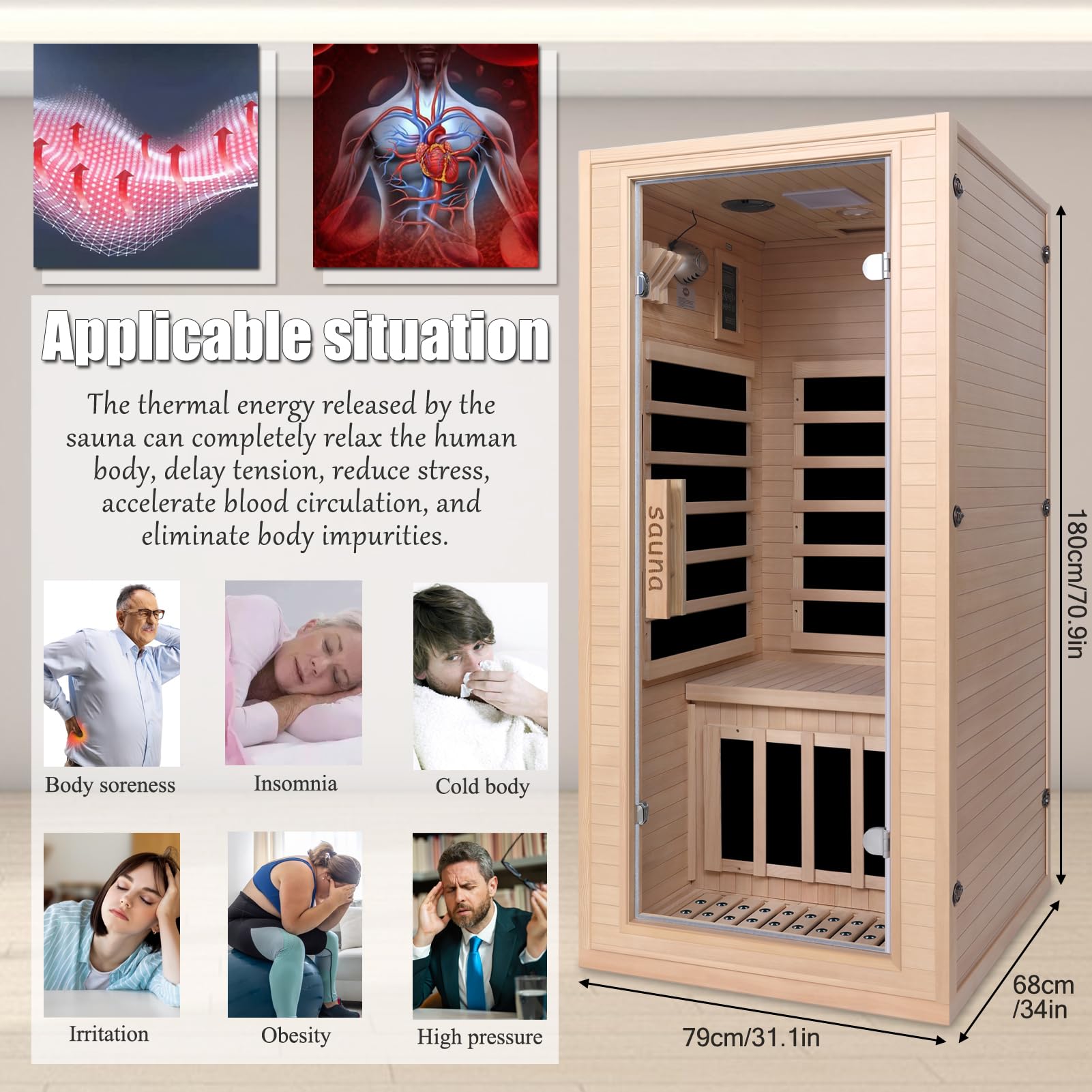 1-Personen Ferninfrarot-Sauna | 1350W mit Niederfeld-Technologie | 6 Infrarotstrahler & LED-Lichttherapie | Heimsauna aus Hemlockholz mit Bluetooth & einfacher Montage