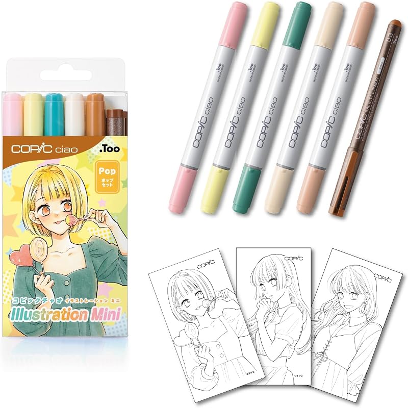 Ciao Illustration Mini Pop Set, 5 Alcohol-markers + 1 Multiliner drawing pen, Yellow