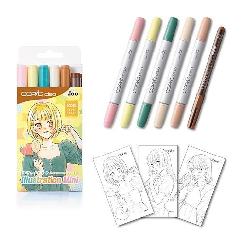 Copic Ciao Illustration Mini Pop Set, 5 Alcohol-markers + 1 Multiliner drawing pen - Yellow