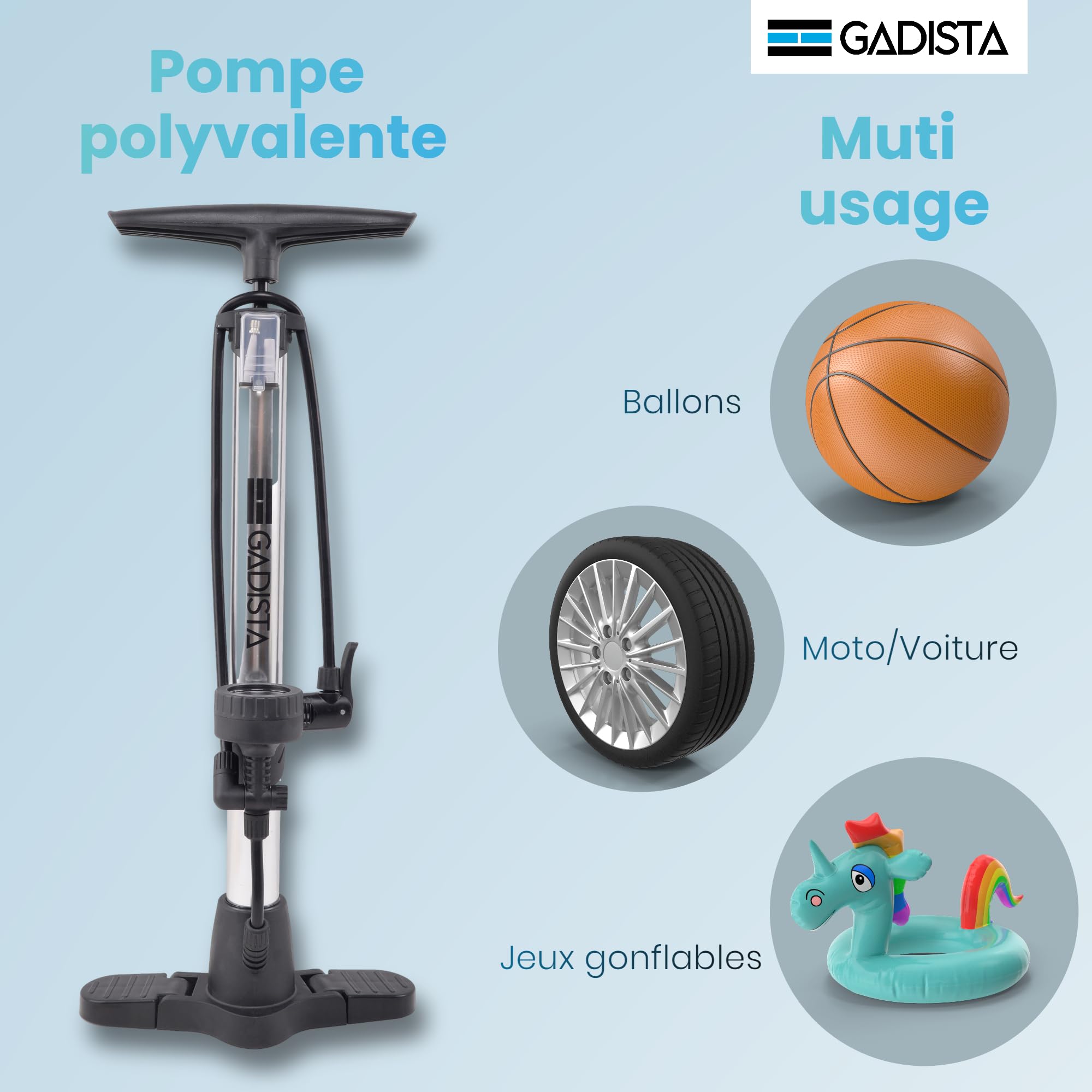 GADISTA France, Pompe à Vélo en Aluminium 145 PSI avec Double Valve Schrader & Presta, Grand Manomètre pour Affichage de la Pression, Tuyau Extra Long, Poignée Confortable