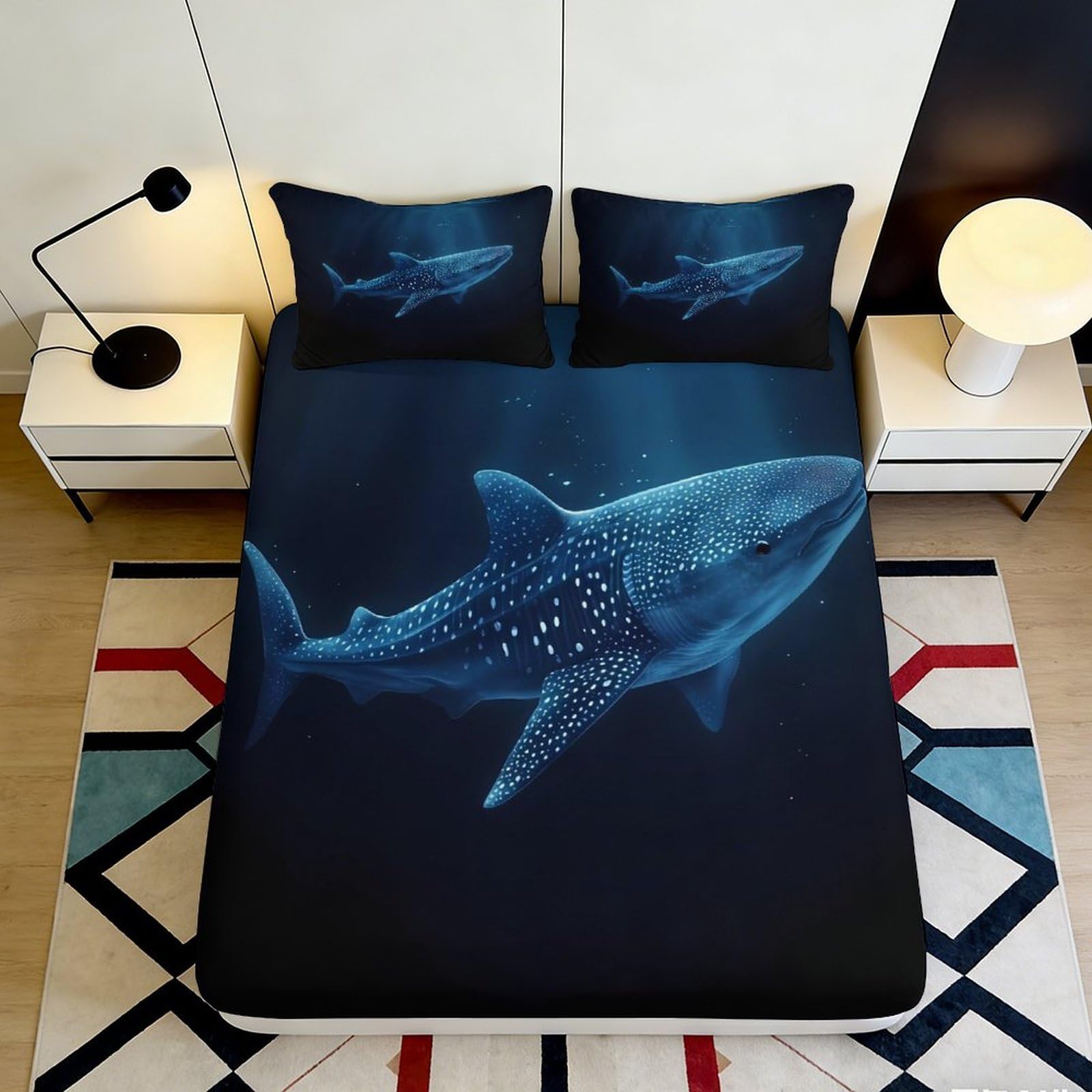 3D Printed Whale Shark Fitted Sheet Microfiber Navy Blue Underwater Ocean Mattress Cover for Bedroom Dorm Home Decor 120x200x25cm