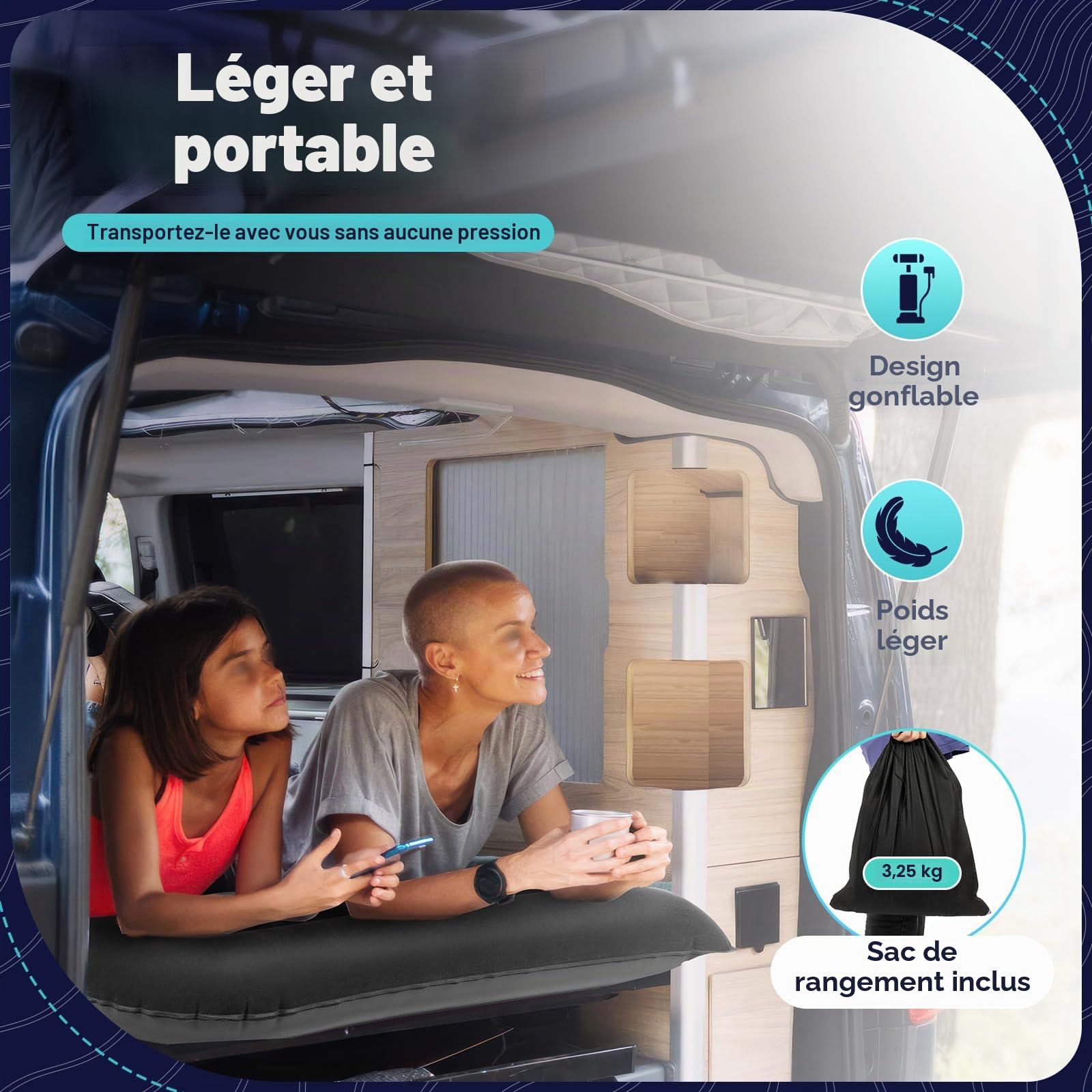 Matelas gonflable pour voiture SUV - 170 x 120 cm - Matelas gonflable mobile avec pompe à air - Avec 2 coussins - 6 chambres indépendantes - Temps de gonflage : 2 à 3 min