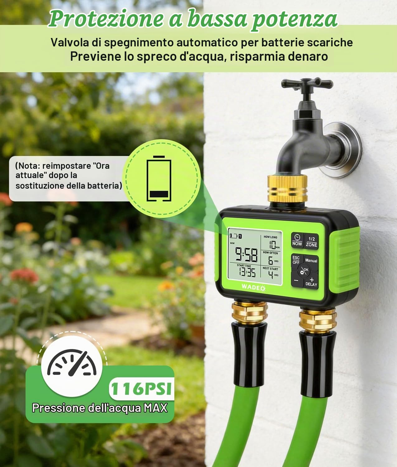 WADEO Timer per Irrigazione, [Raccordi in Ottone] [2 Uscite], Programmabile Automatico/Manuale/Ritardo Pioggia/Blocco Bambini per Giardino, Prato, Patio, Fattoria