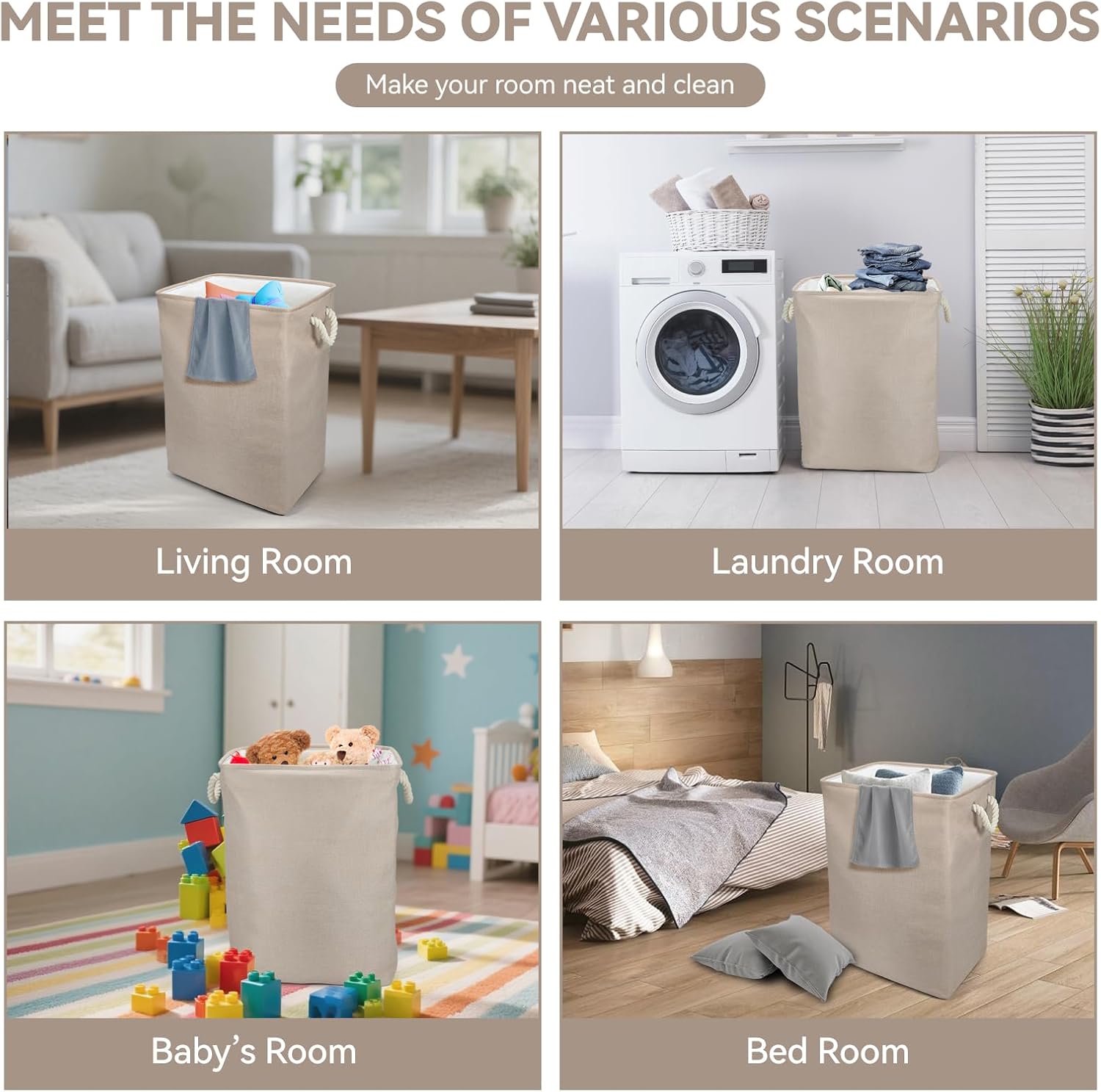 Collapsible Linen Look Fabric large Storage & Laundry Hamper with Drawstring - Durable Laundry Basket Laundry Bag Foldable Space Saving Basket Toy Basket, Dust Proof & Stackable, Beige